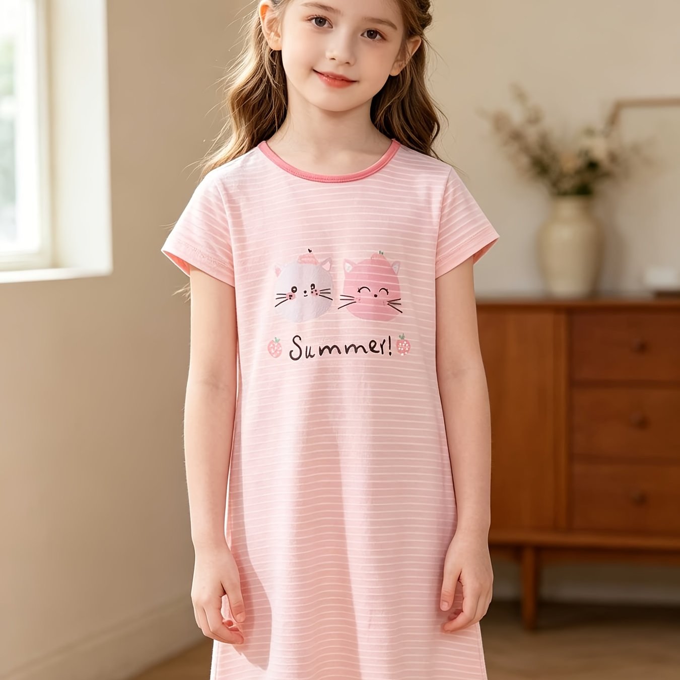 Image of Spring Summer Comfortable Breathable Girls' Pink Striped Kitten Dress Short Sleeve Dress