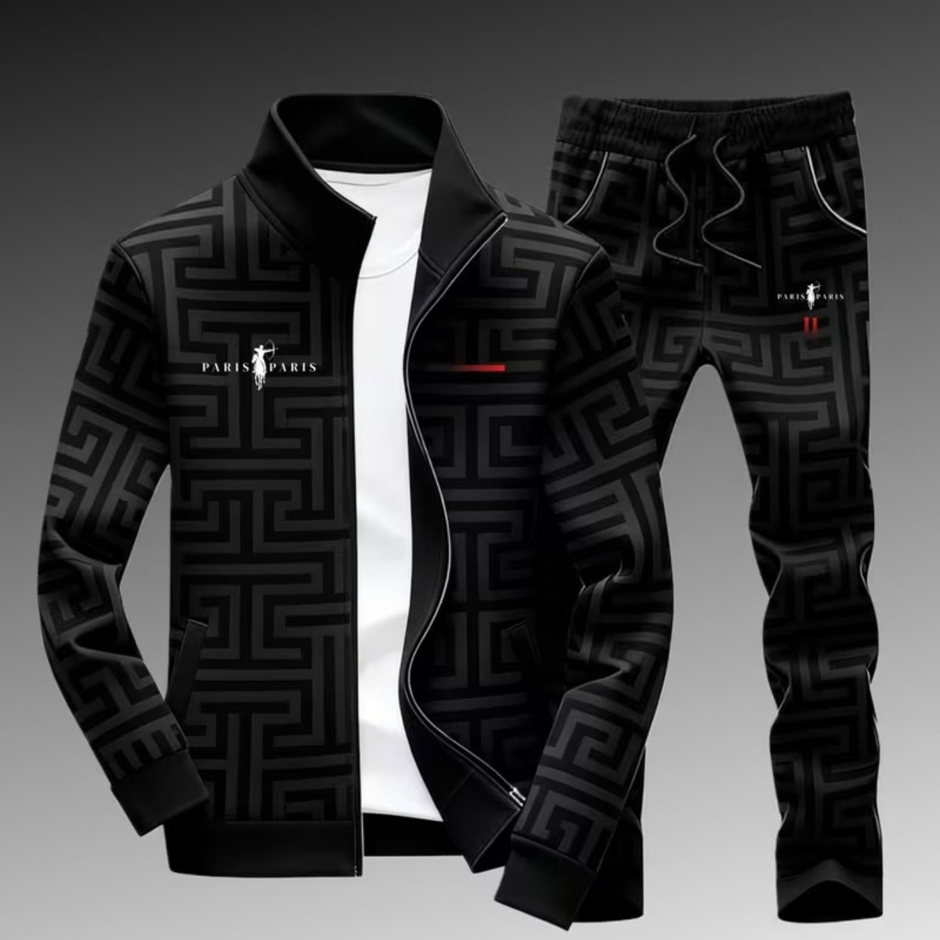 Image of Teenager And Teen 2pcs Black Full Greek Key Paris Tracksuit Set, Zip-up Stand Collar Jacket And Drawstring Elastic Waist Sweatpants, Casual Athletic Jogging Outfit, For Outdoor, For Teenager