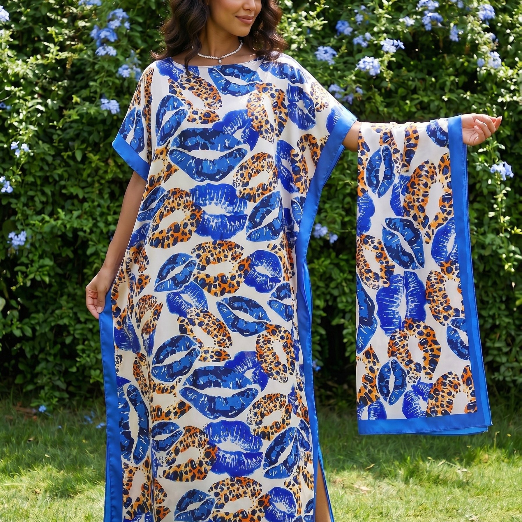 TEMU Plus Size - 1pc Women Plus Size Kaftan With Matching Scarf Combination Of Glossy Graphics And Smooth Satin Base Royal Blue Perimeter Frame Loose