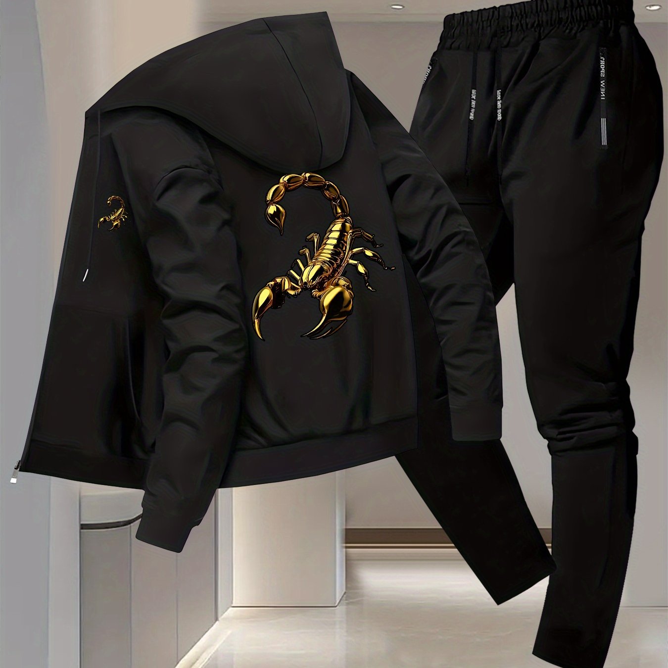 TEMU Ensemble élégant pour homme, comprenant une veste à capuche d'automne et d'hiver et un pantalon long décontracté, avec un motif scorpion doré
