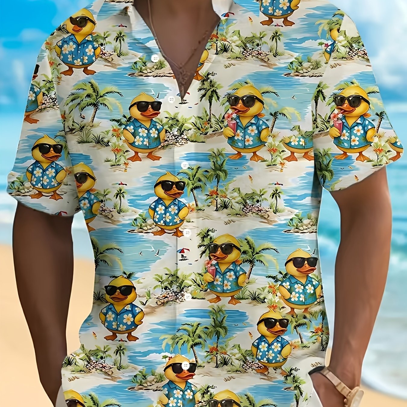 TEMU Men's Shirt, Fashionable Short-sleeve Shirt, Little Yellow Duck Short-sleeve Shirt, Print Of Cute Ducks And Beach Coconut Palms, Trendy New