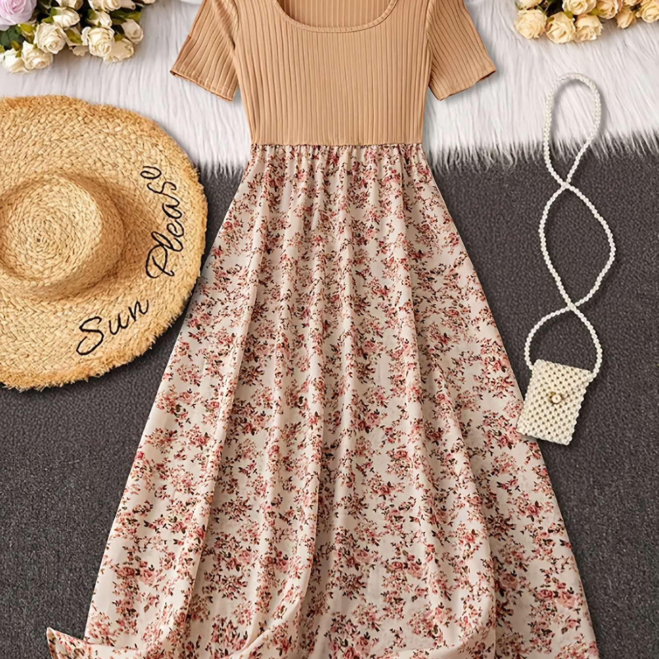 E-shop Damen Vintage Kleid mit A-Linien-Schnitt und Blumenmuster - & Braunem Blumenmuster, Maschinenwaschbares formelles & Alltags-Outfit, Elegante