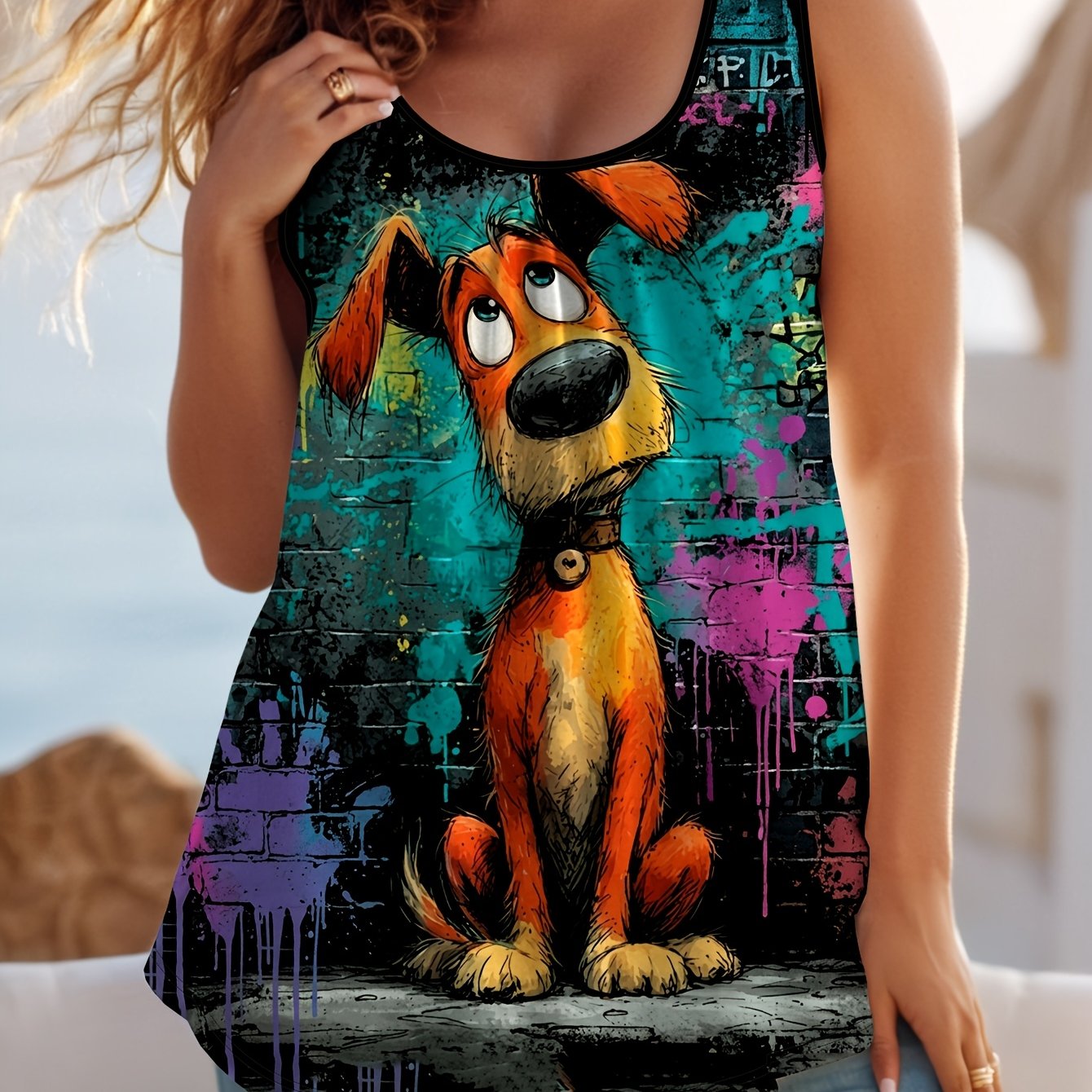 TEMU Streetwear Print Sleeveless Top - Loose Fit Round Neck Tank Shirt With Back Cartoon Canine, Summer Casual Blouse For Casual Attire, Machine