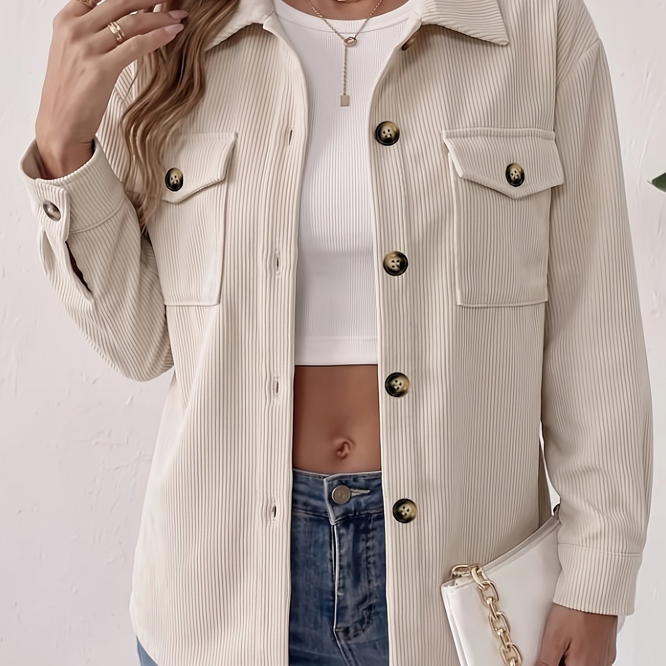 TEMU Veste décontractée pour femme en velours , style chemise, coupe , à manches longues, boutonnée, avec poches et , vêtement d'extérieur pour