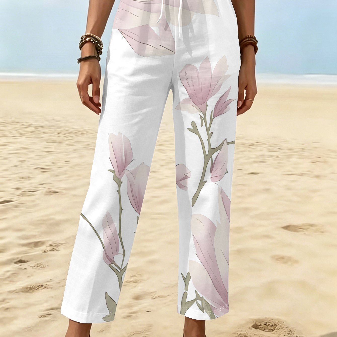 TEMU Women' & Magnolia Print Trousers - Light-base Ink Wash Branch Design Long Pants, Machine Washable Suitable For Spring Summer Fall Casual Wear,
