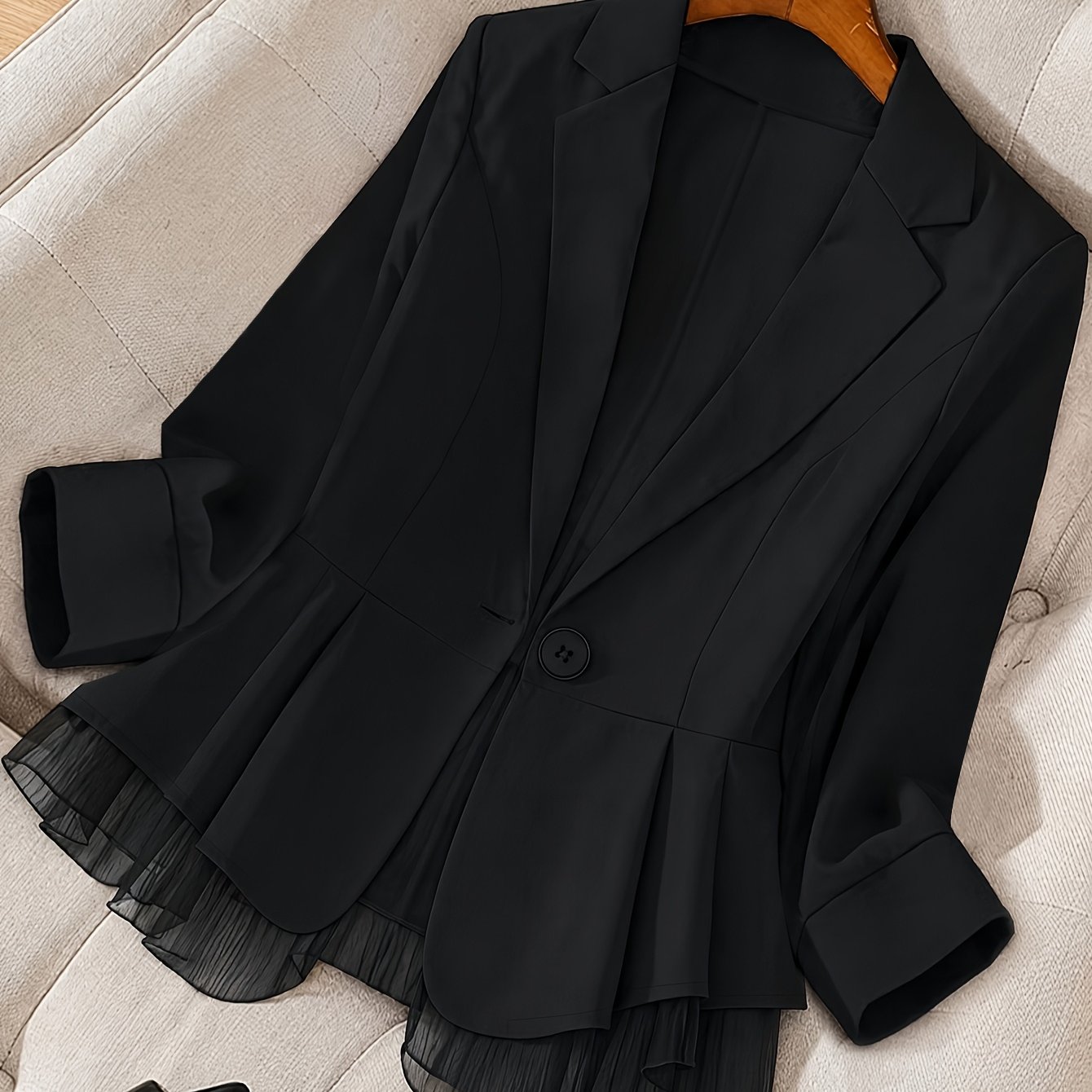 TEMU Plus Size Women's Elegant Solid Color Easy Lapel Suit Hem Lace Coat Top