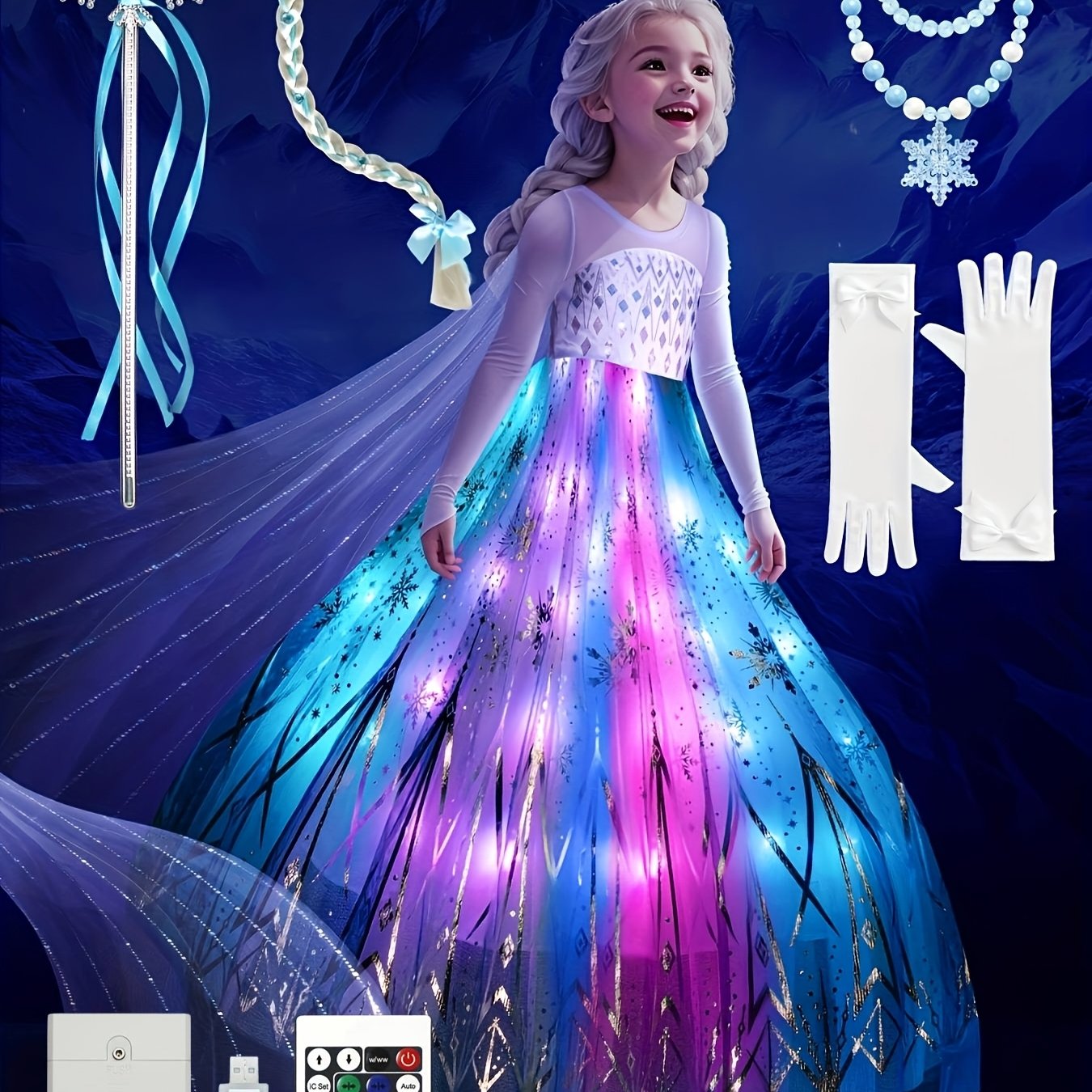 TEMU Girls Light Up Princess Carnival Bluetooth Led Multiple Light Dress Christmas Halloween Prom Dress (batteries Not Included)
