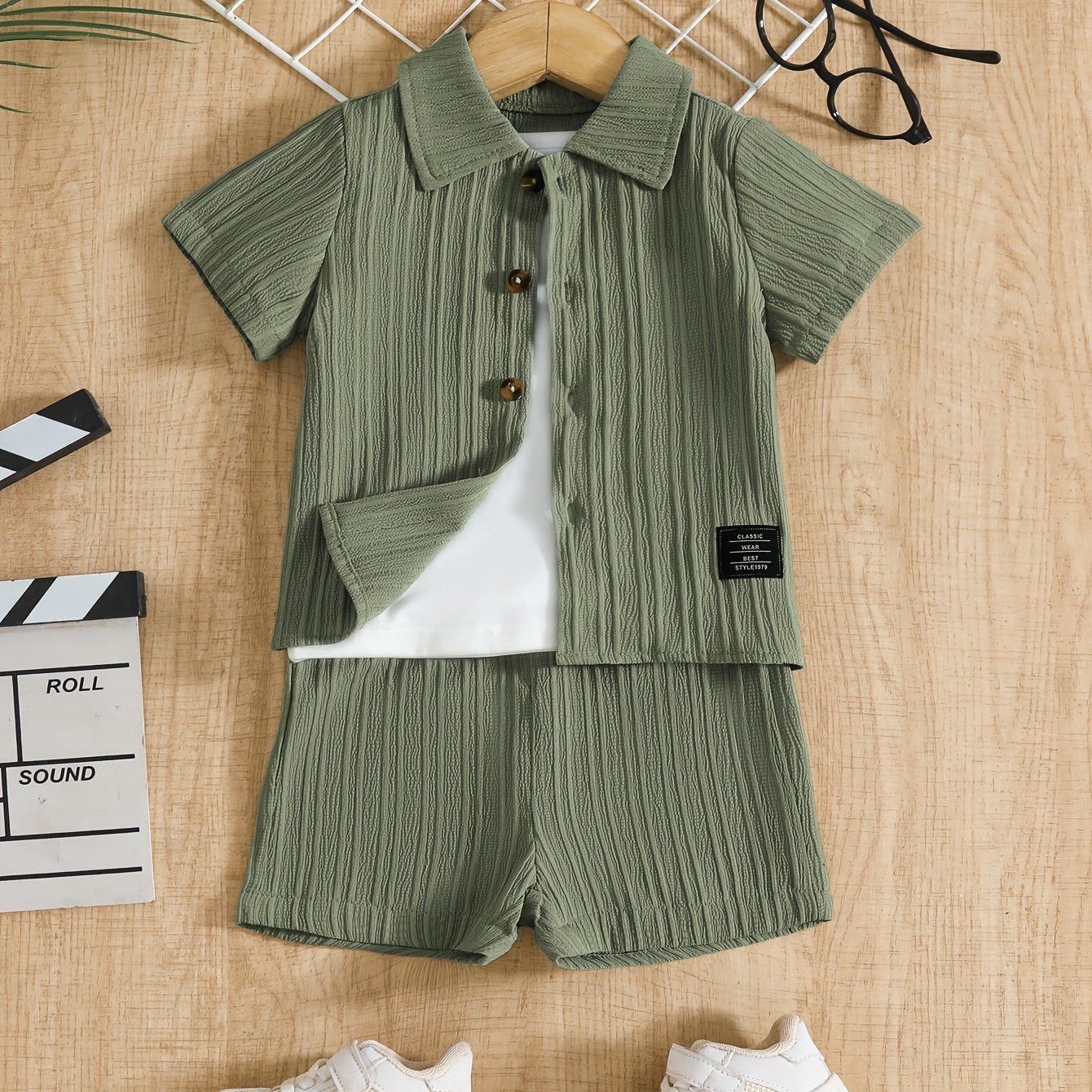 Image of Baby Boy Summer Casual Shirt And Sports Shorts 2pcs Set, Striped And Fake Trouser , Perfect For Outdoor