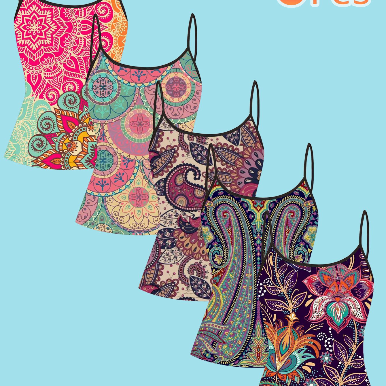 TEMU Set Of 5 Ethnic Style Paisley Print Camisoles, Retro Colorful Mandala Vests, Trendy Women's Tops For Cross-border
