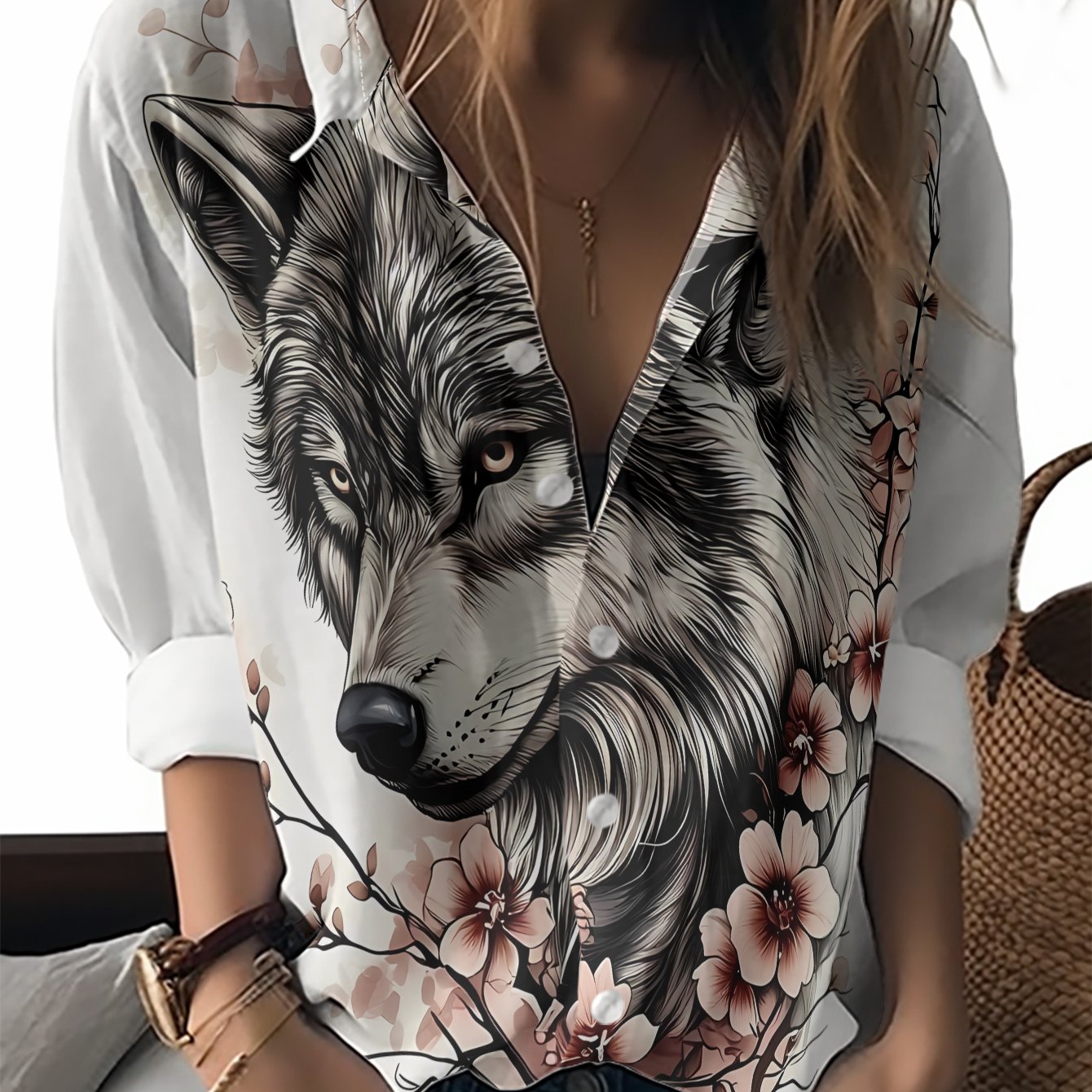 TEMU A New Women's Long-sleeve Shirt Featuring An Illustration Of A Wolf, With Pink Flowers. The Delicate And Soft, Making It A Versatile Top For