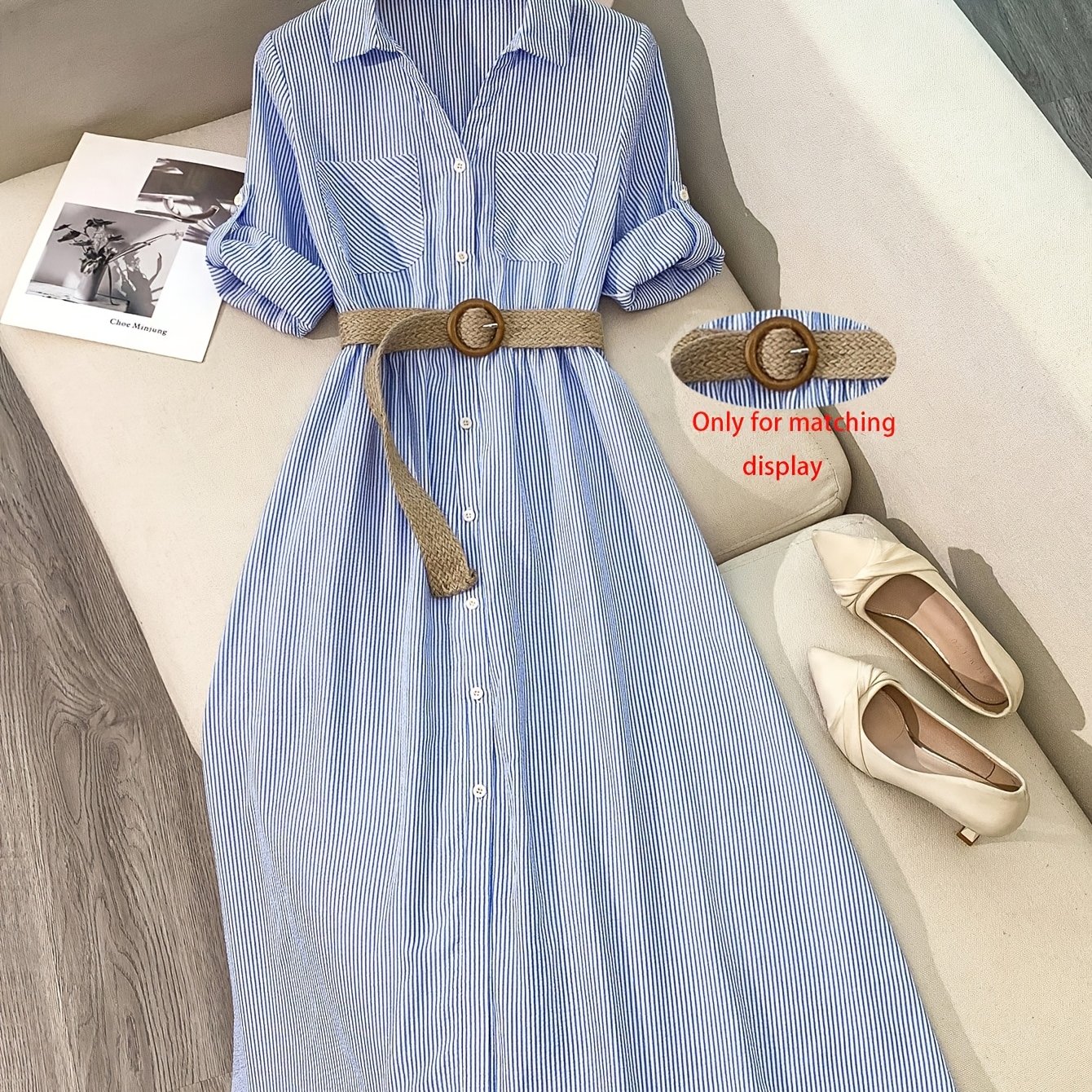 TEMU Elegant Long Shirt Dress For Women With Stripes, Long Sleeves, Single-breasted Design, And Pockets