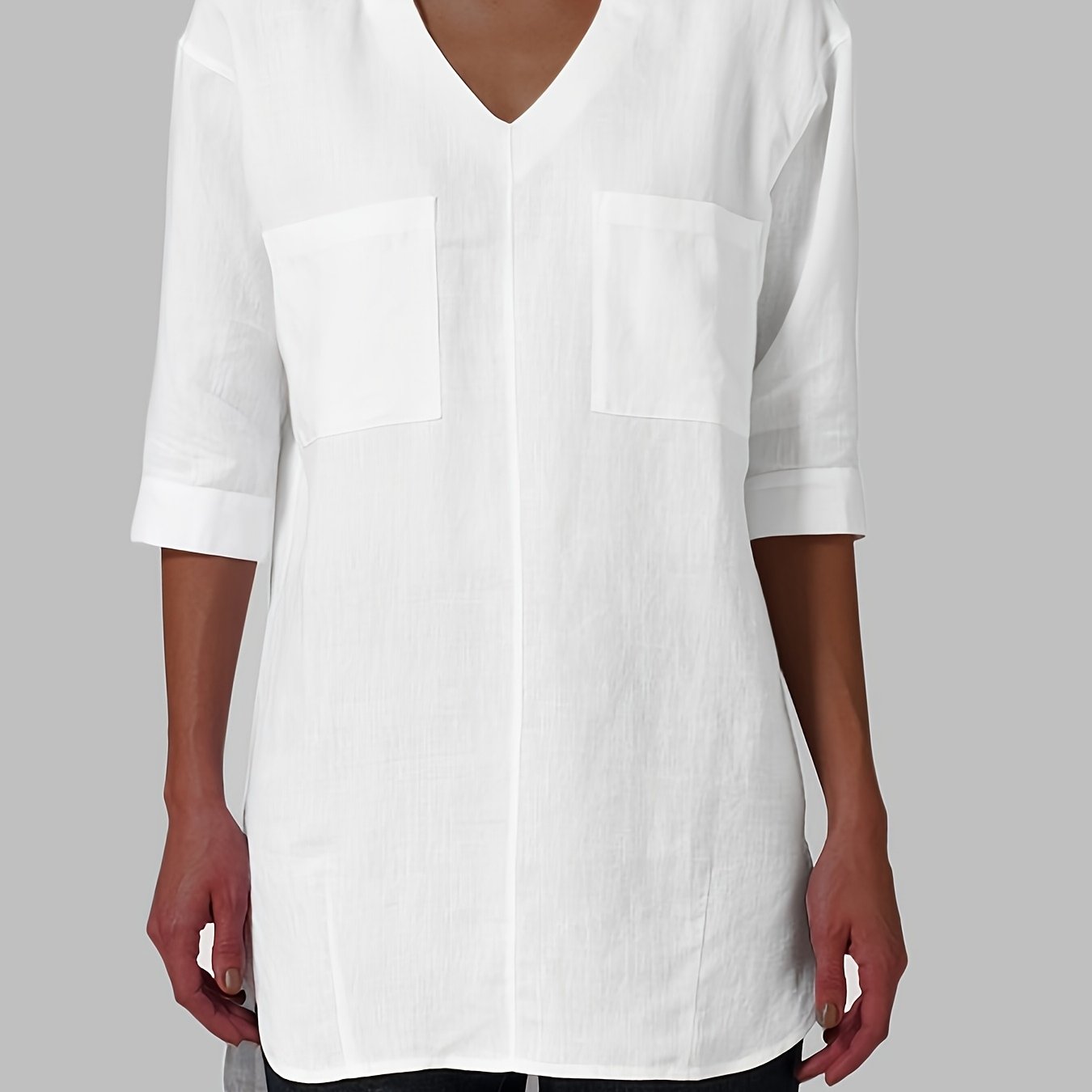 TEMU Solid Color V-neck Front Short And Back Long Short-sleeve Pullover