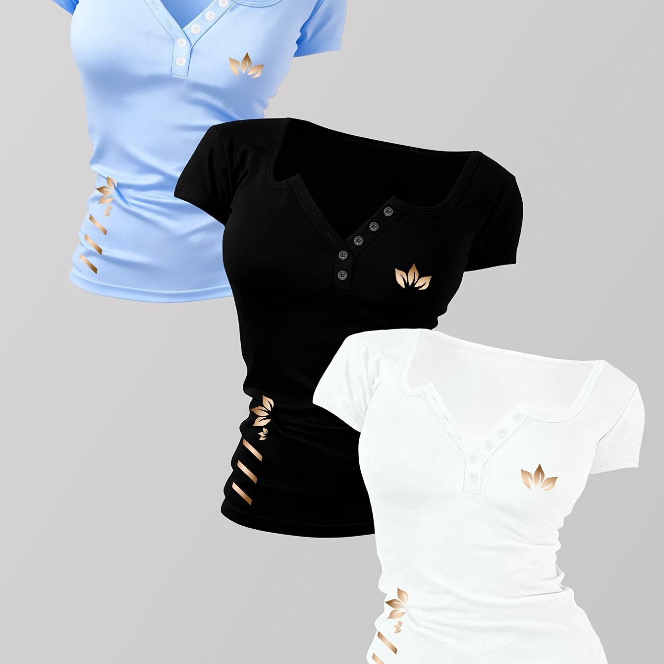 TEMU 3pcs , Slim Fit Bodycon Style, Printed Pattern, Women's Hot Outfit, Button-up Sexy Design Non-v Neck T-shirt, Y2k/casual/y//fashionable/elegant,
