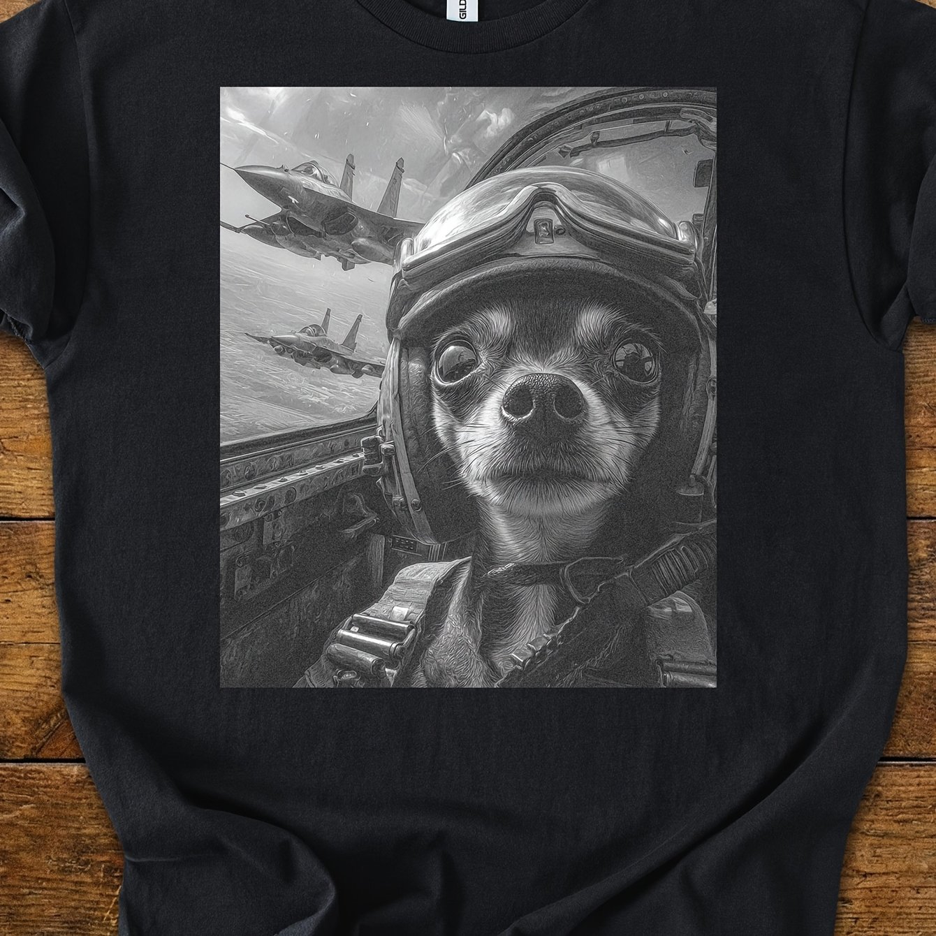 Image of Funny Chihuahua Selfie Fighter Pilot Graphic Print Short Sleeve T Shirt Retro Aviation Theme Casual Fashion