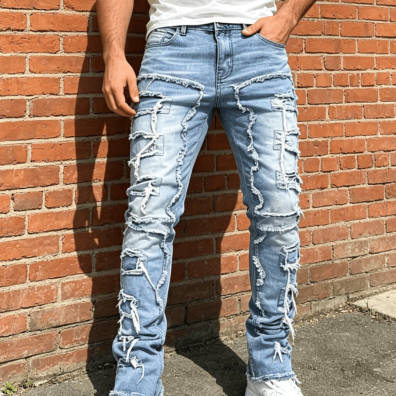 TEMU Men's Slim Fit Stretch Light Blue Jeans With Built-in Rips, Frayed Distressed Details. Washed For Comfortable Style, Wear. Durable Fabric Denim