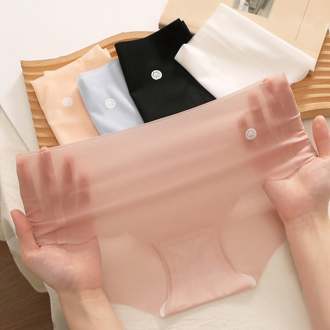 TEMU 5-pack Ultra-thin Women's Panties, Fabric, Seamless Mid-waist, Peach Lifting Sheer Panties