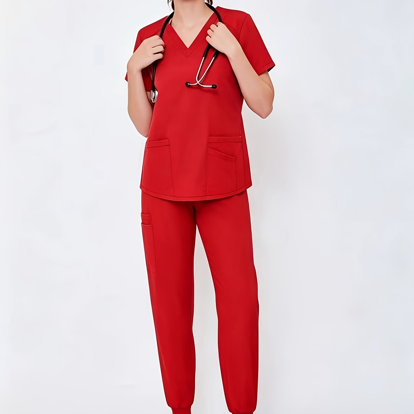TEMU 2pcs V-neck Solid Color Separated Scrub Suit Set For Women, Nurse Short Sleeve Work Uniform 2pcs Set, Comfortable And Breathable, Slight Stretch