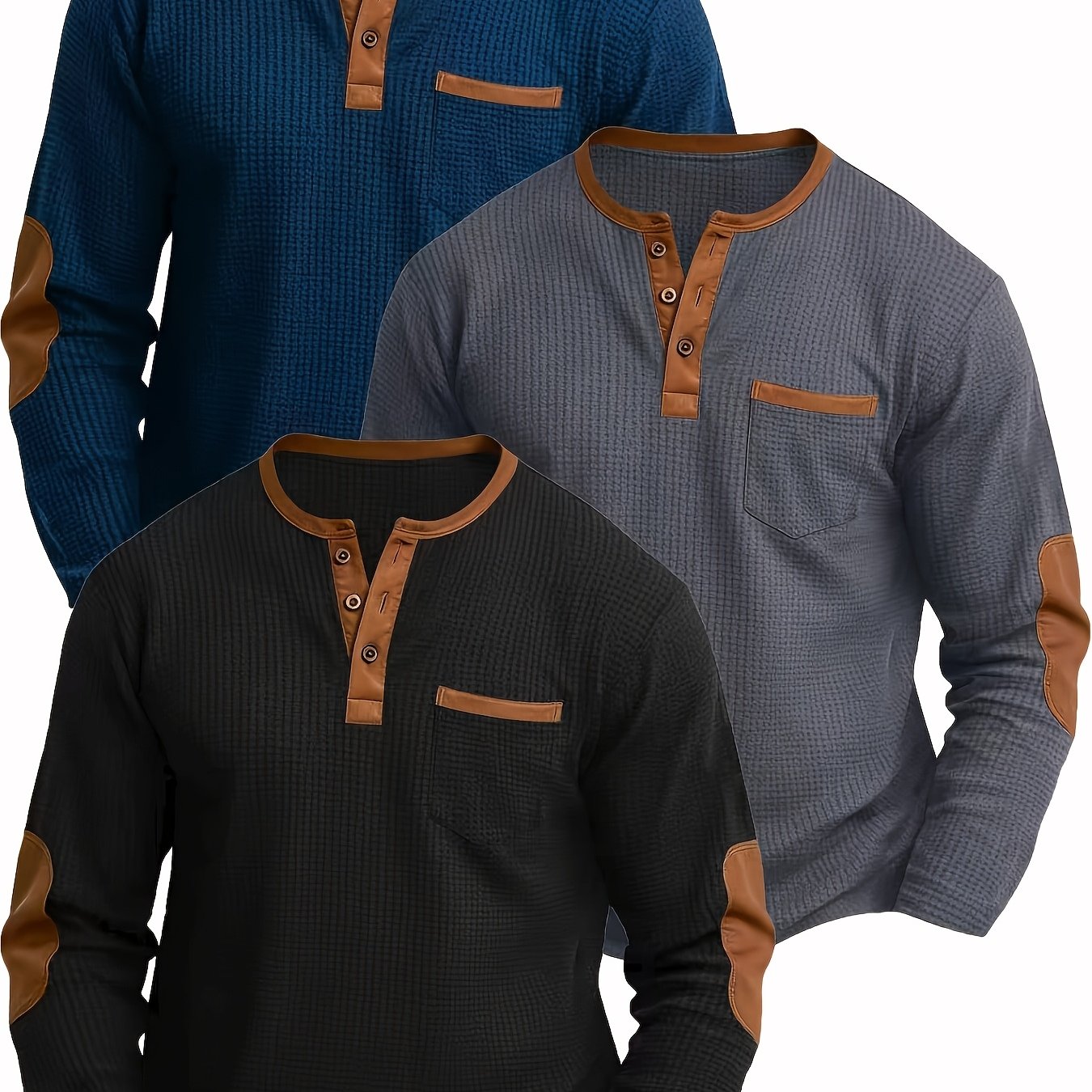 TEMU 3pcs Set Men's Waffle Knit Henley Long Sleeve T-shirt, Featuring And Chest , Casual Button-up Top