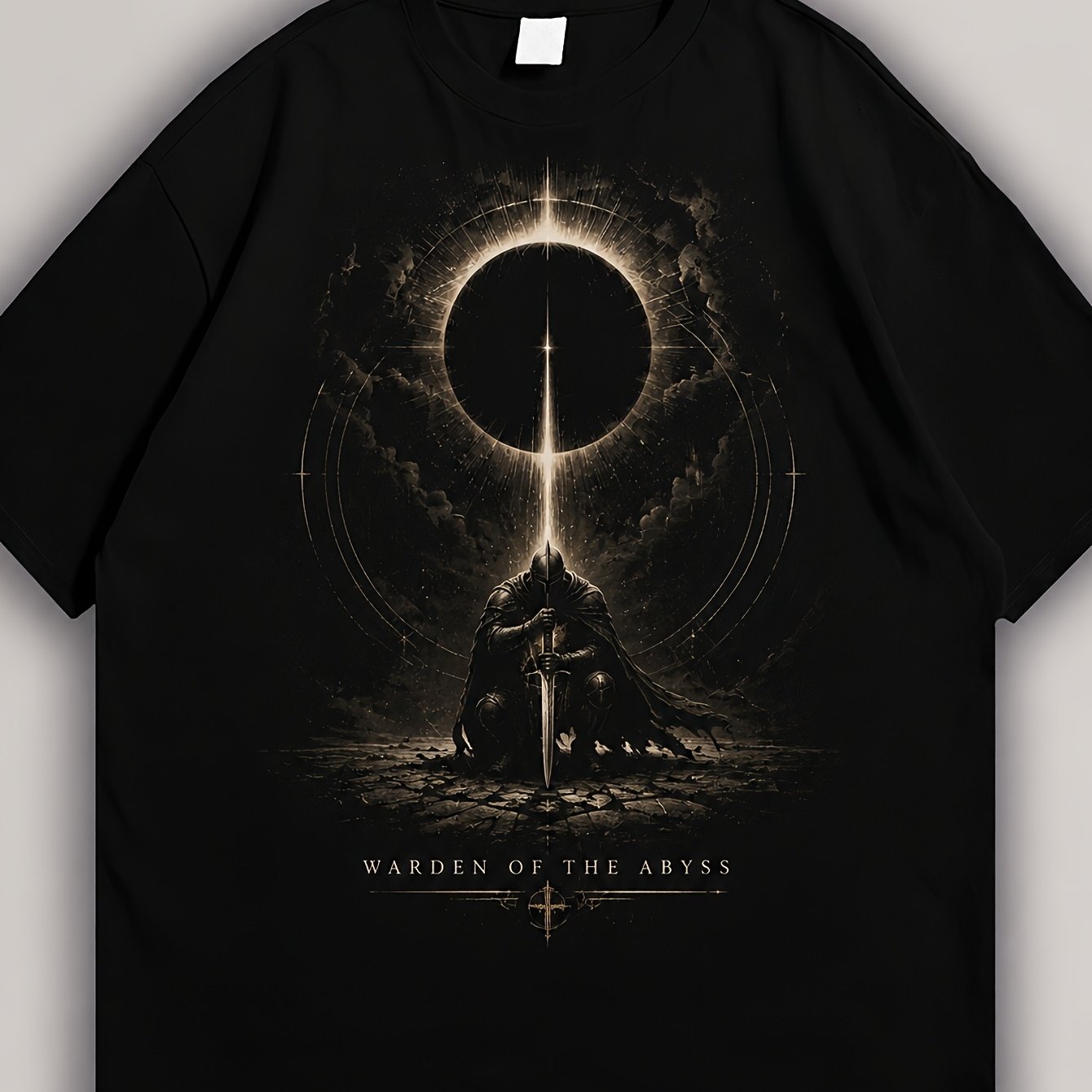 Image of Men's Armored Knight With Sword Graphic T-shirt, Retro Print Tee For Casual Streetwear And Weekend Outfit