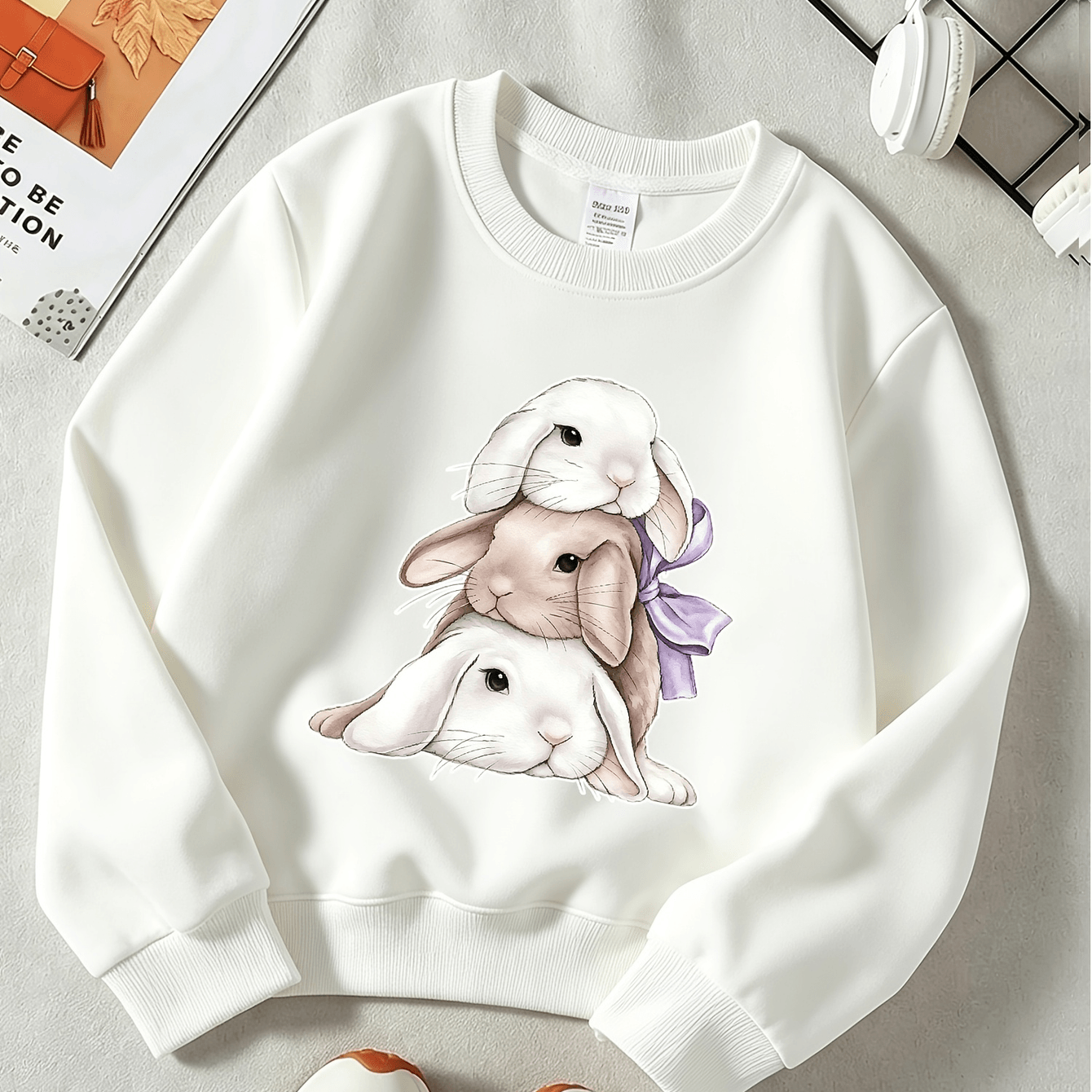 Image of Zcaynger Girls Round Neck Sweatshirt Cute Rabbit Stack 100% Terry Fleece Thickened Autumn Winter