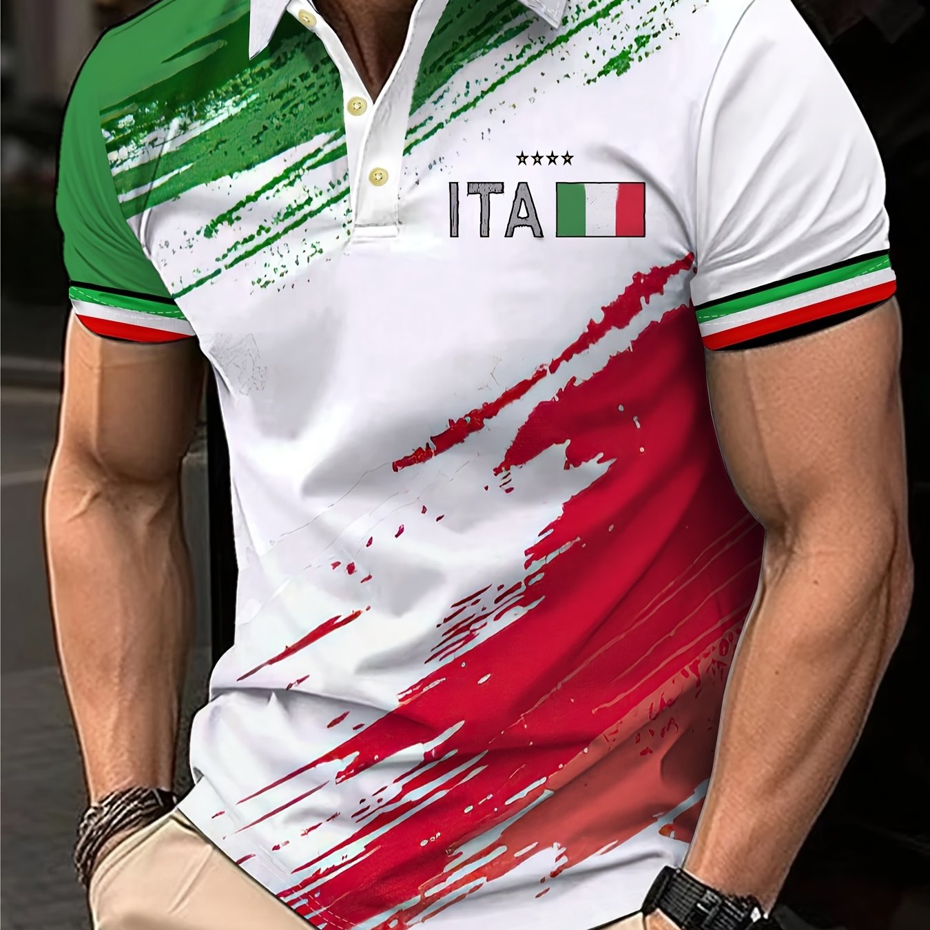 TEMU Camicia con Stampa Bandiera Italiana - Righe /Rosse/Bianche con Testo ITALIA, Maniche Corte Traspiranti, Abbigliamento Sportivo Casual, Lavabile