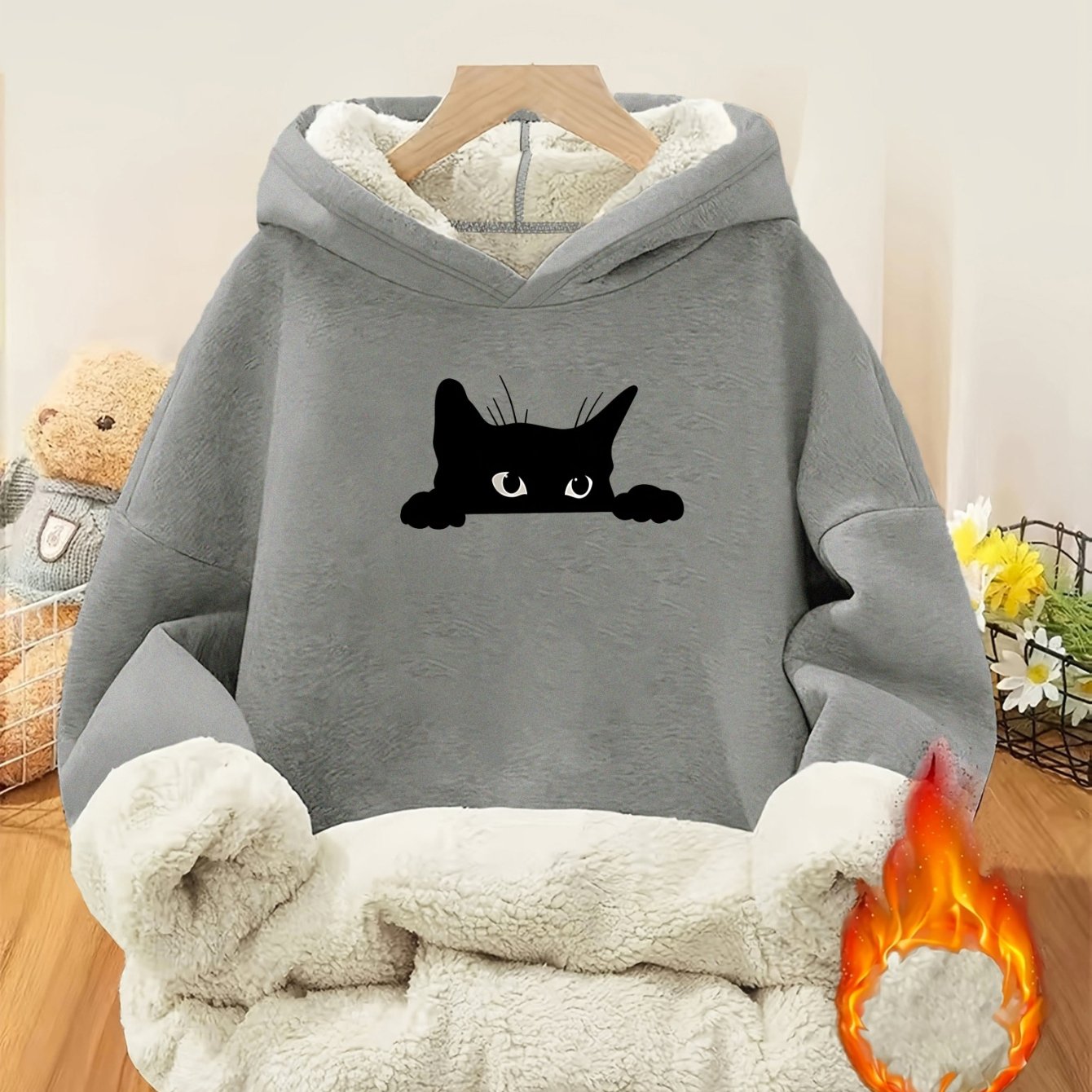 TEMU Women's -lined Thermal Printed Hooded Sweatshirt, Heavyweight Thickened -friendly Plush Lining, Peeking Little Black Cat Print, For,, Office