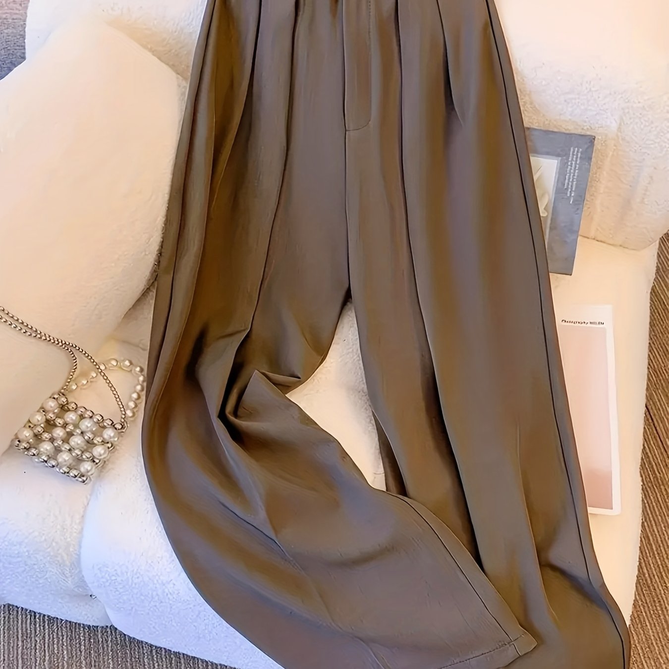TEMU Women's Elegant High-waist Wide-leg Trousers - Tailored Long Pants With Belt Loop Closure, Solid Brown/beige, Wrinkle-resistant Fabric For Work,