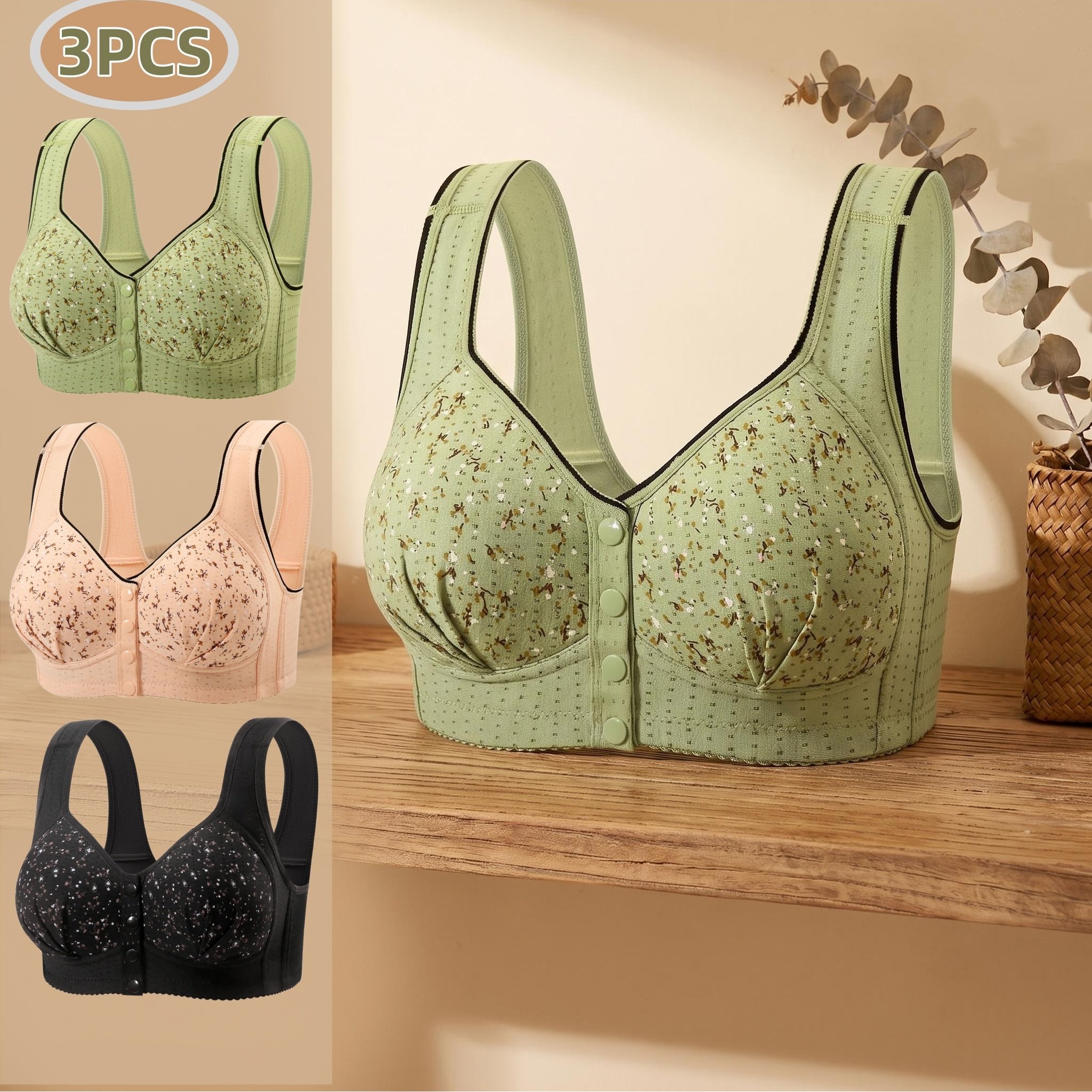 Image of 3pcs Plus Size Wireless Front Closure Printed Vest-style Bras For Middle-aged& Elderly Women