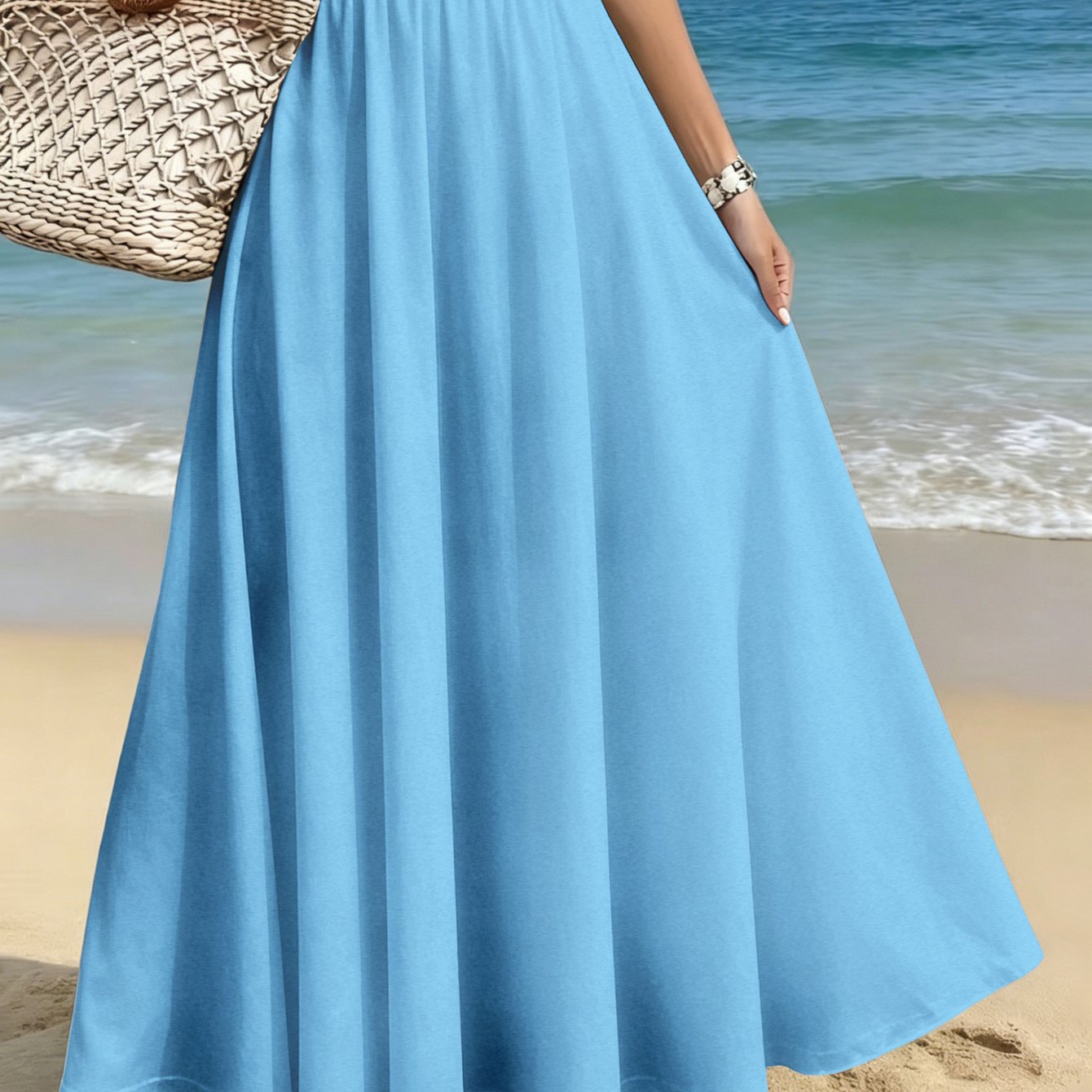 TEMU Plus-size Women's Elegant And Stylish Midi Skirt, Casual Printed Midi Dress, Light Blue Print On Solid Color Background, Suitable For