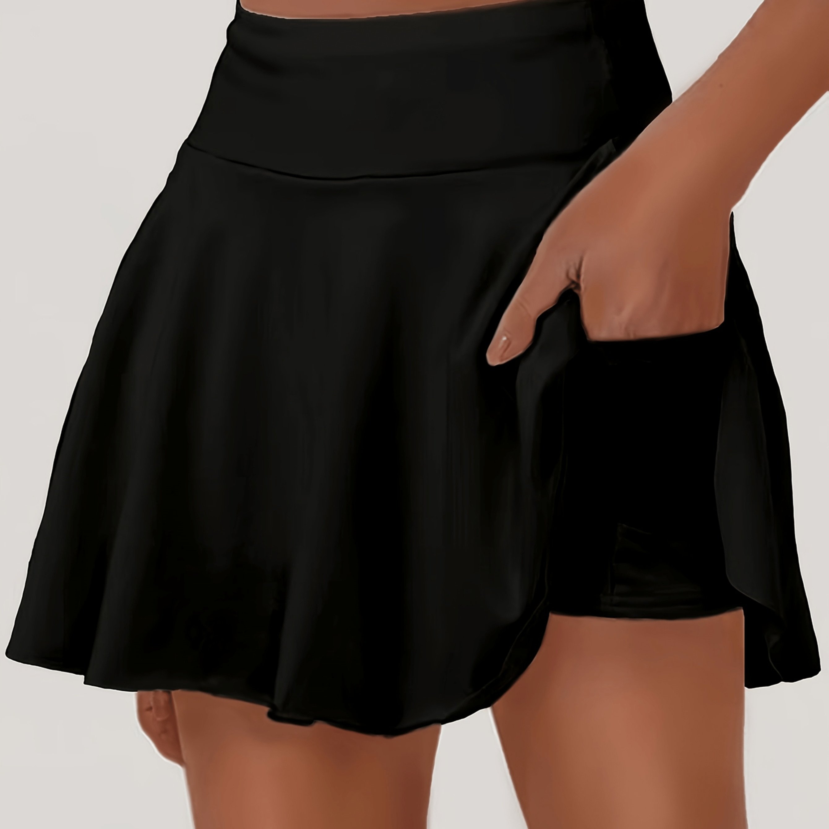 TEMU Tall Women's Casual Sporty Black High-waist Skort, Pocketed Anti-peek Mini Skirt, Versatile For Daily Elegant Commuting, Yoga Women's Skirt