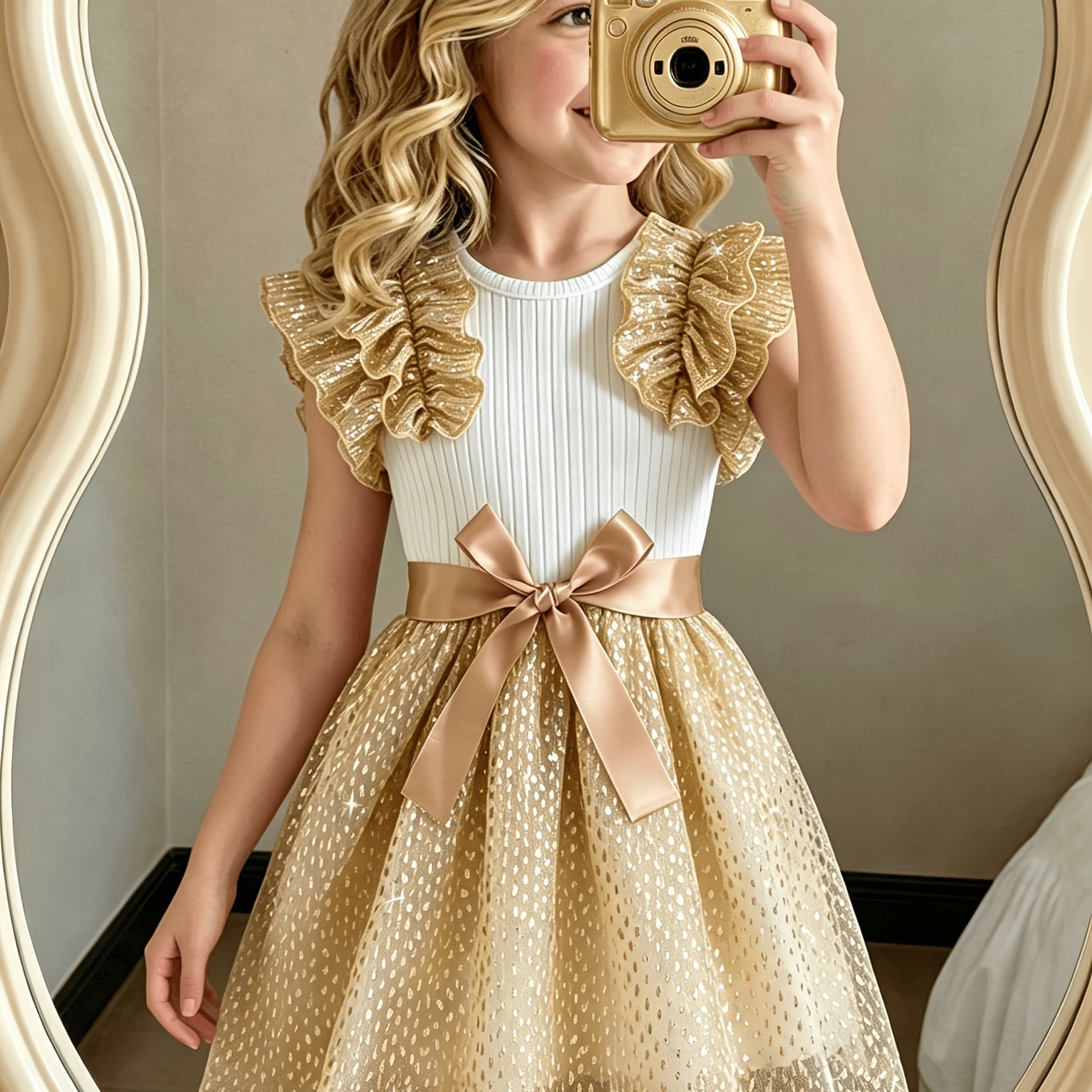 Image of 4-7y New Ss26 Fashion Summer Soft Dress, Summer Floral Girl Dress For Parties, Tulle Style Golden Dress, Summer Golden Dress, Courtly Dress Skirt Golden, Sequined Knee-length Straight Dress