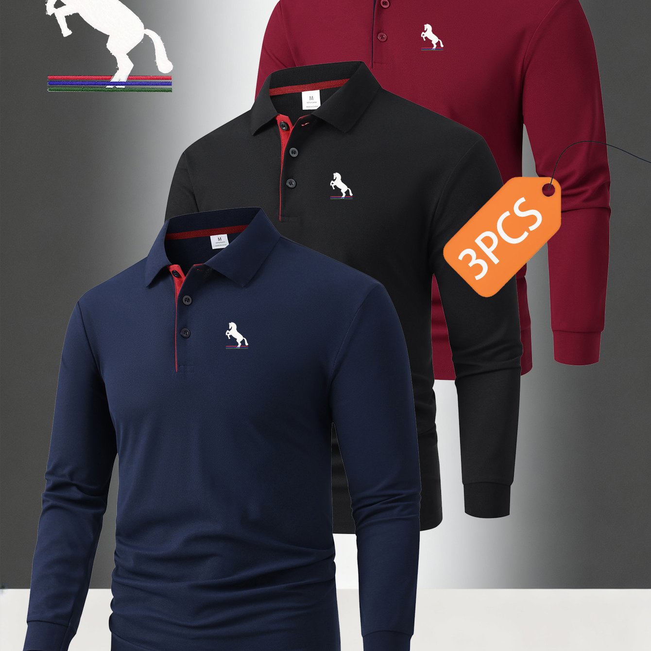 TEMU 3pcs Set C8-934 New High-end Color-block Men's Fashion Long-sleeve Shirt, Casual Sportswear Printed Top, Comfortable Versatile Regular Fit