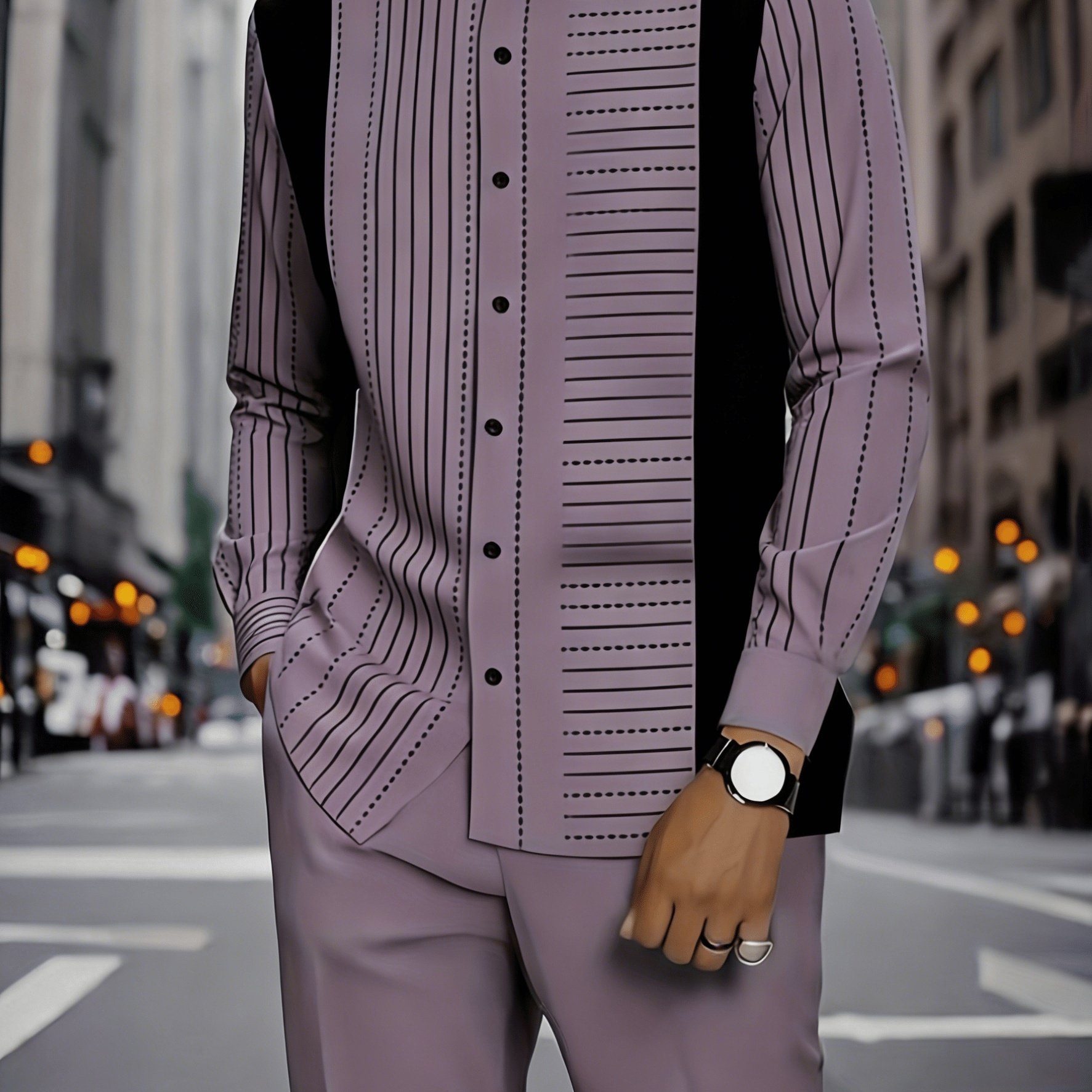 Men's Luxurious Stand Collar Striped Long Sleeve Shirt Two-piece Set- Business Casual/commuting Style, Smooth And Slim-fit- 2026 New Model