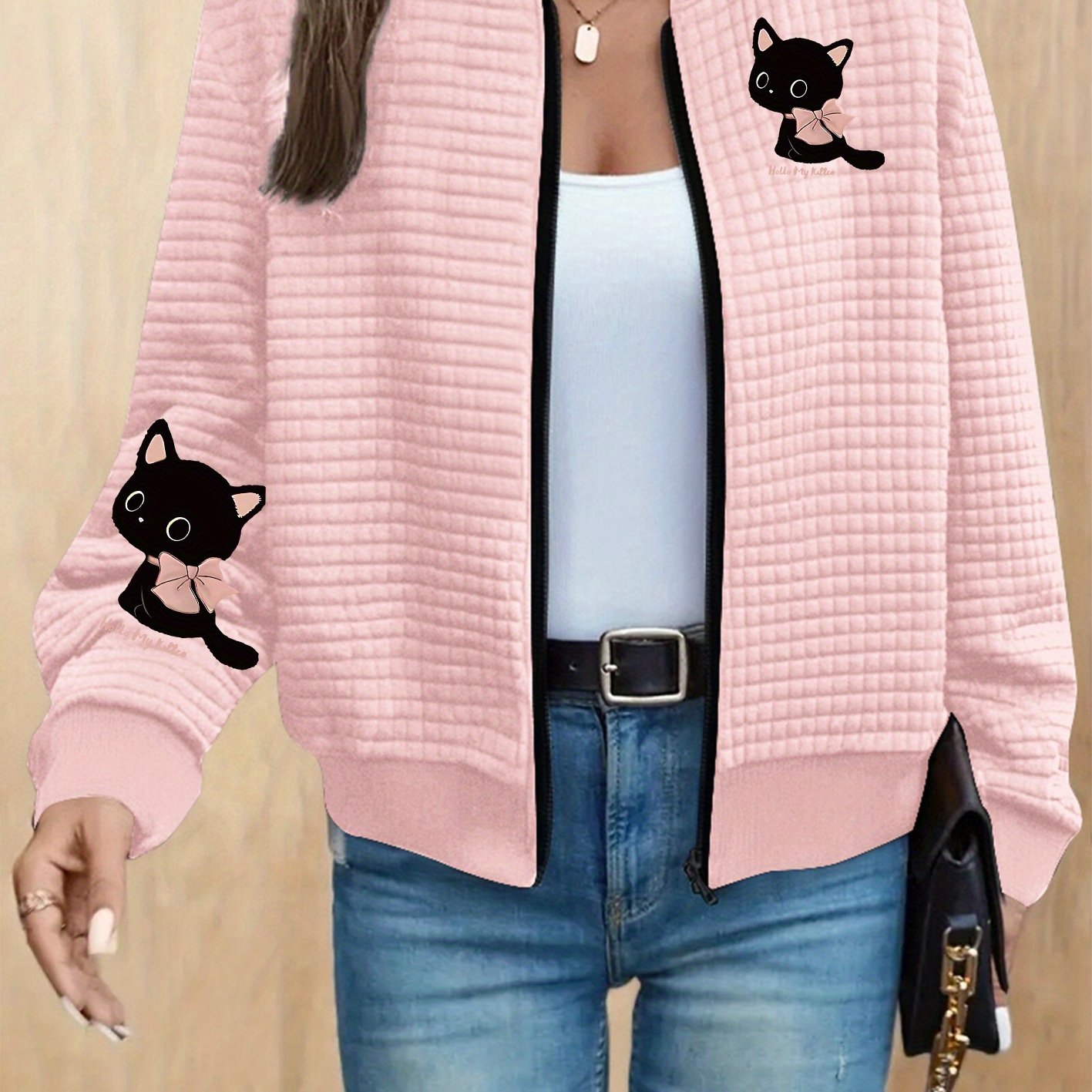TEMU Cat Print, Women's Casual Waffle Zip-up Jacket With Baseball Collar - Polyester, Machine Washable, Geometric Pattern