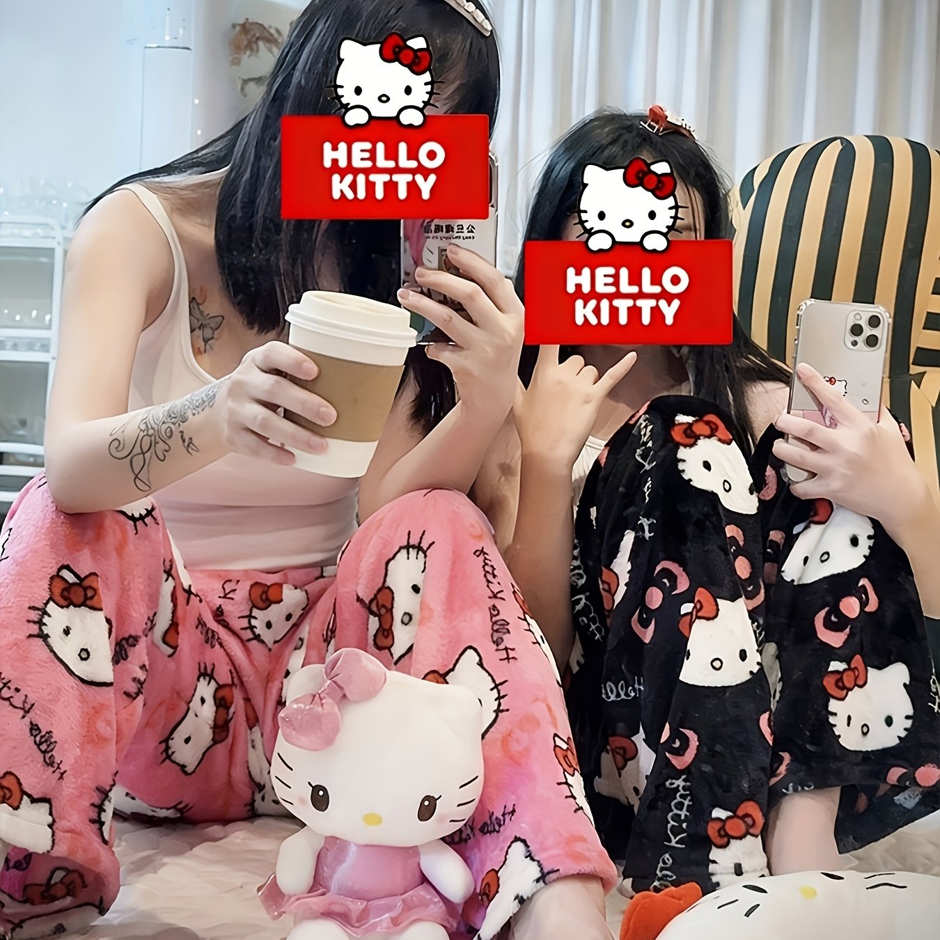 Ladies Hello Kitty Set 2pcs, Flannel Fleece Thermal Winter Pajamas, Cute Kedi Cat Print, Christmas Gifts For Women, Cozy Family Matching Pajamas