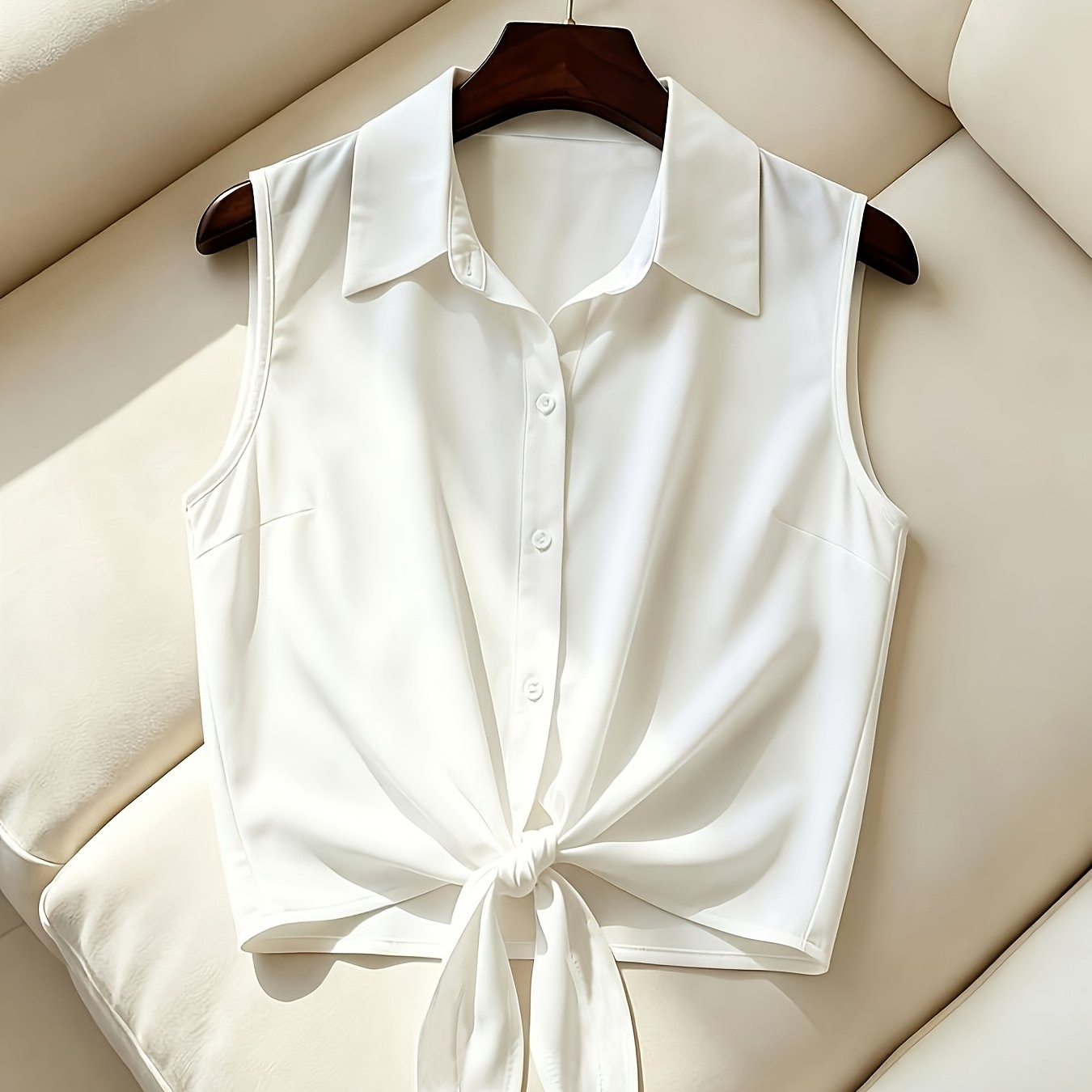 TEMU Women's /summer Elegant Minimalist Lapel Sleeveless Shirt, Single-breasted With Hem Tie Design, Lightweight, Breathable, And Slim-fitting, A