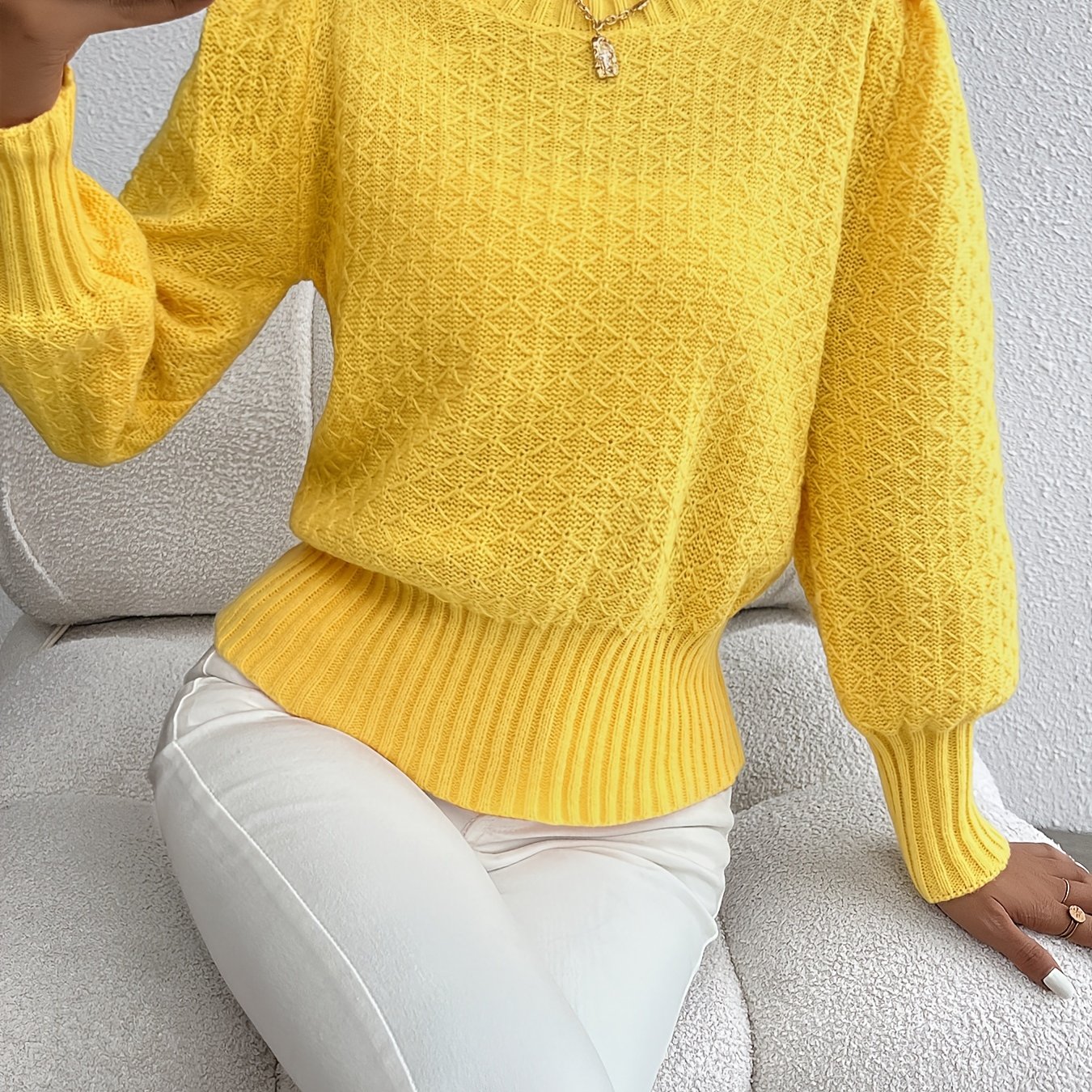 TEMU Solid Color Argyle Knitted Pullover Sweater, Casual Crew Neck Lantern Sleeve Top For Fall & Winter, Women's Clothing