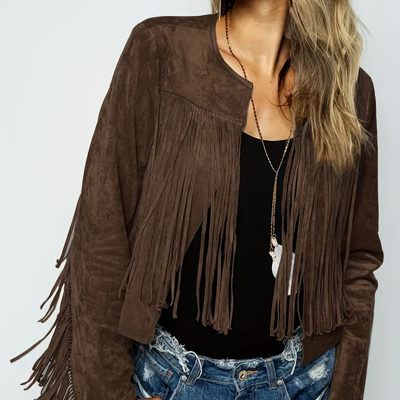 Spring And Autumn Women's Casual Fashion Elegant Solid Color Fringe Hem Open Front Long Sleeve Jacket, Western Retro Lightweight Long Sleeve, Suitable For Outing, Vacation Travel
