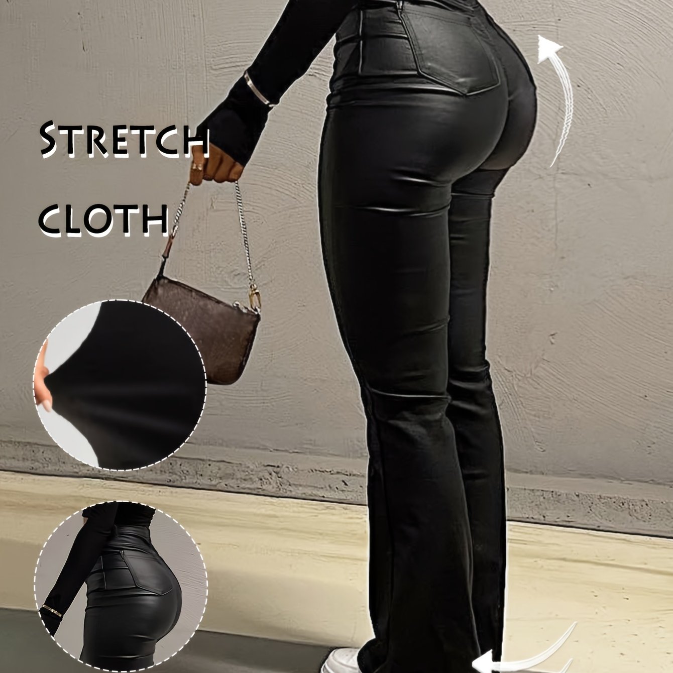 Gilipur Y2k High Waist Pu Flare Leg Pants Casual Comfy Plain Button Pocket Denim Pants Women's Ladies Bottoms For Stretchy Pu Flared Leg Pants Coated Flared Pants