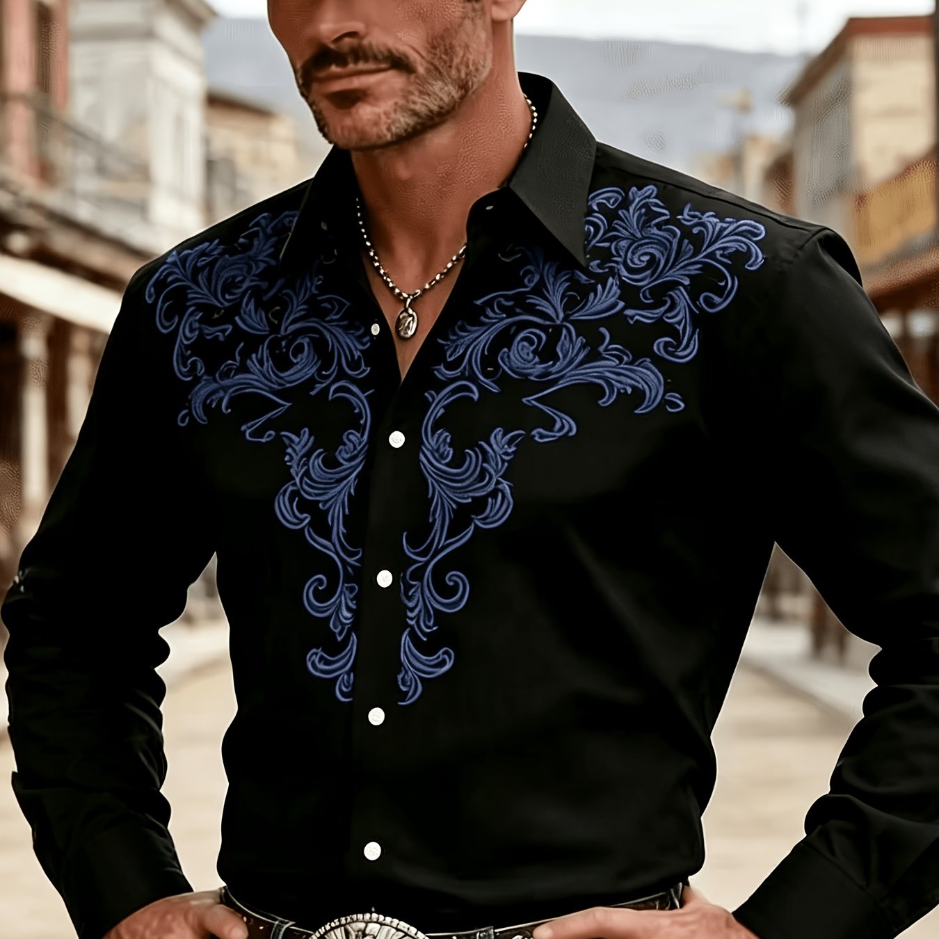 TEMU Men's Western Cowboy Long-sleeve Shirt