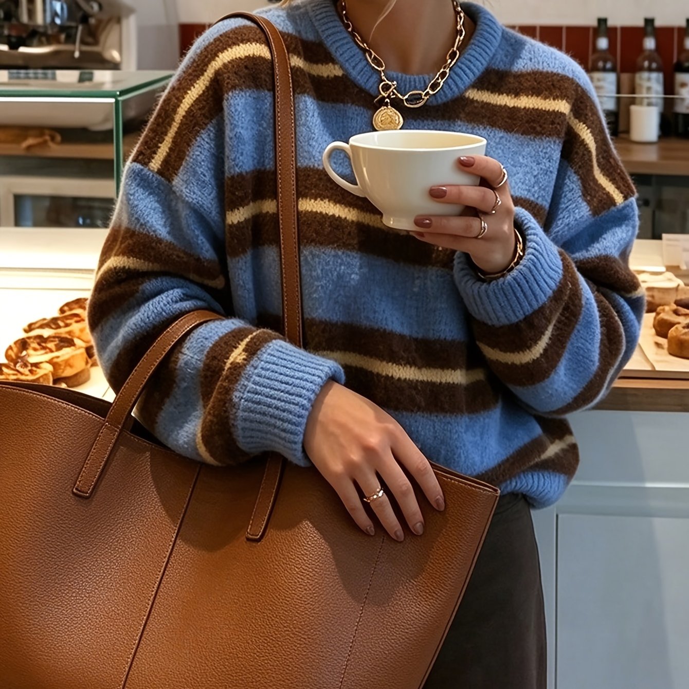 TEMU Lässiger Damen Retro Streifenpullover mit Rundhalsausschnitt, lockerer Herbst Winter Strickpullover im lässigen Stil, vielseitiges
