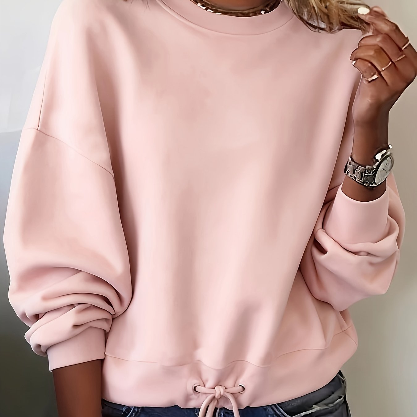 TEMU Zj260827012 Women's New Drawstring Round Neck Sweatshirt, Fashionable And Easy, Loose And, Suitable For Dates, Casual , And Versatile Wear