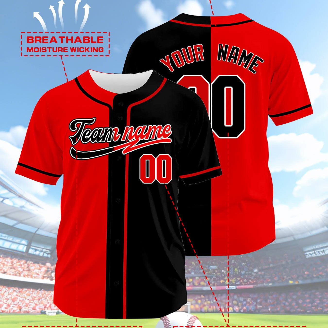 TEMU Men's Baseball Jersey Custom Name And Number, Adult Sports Shirt Red And Black Color Block