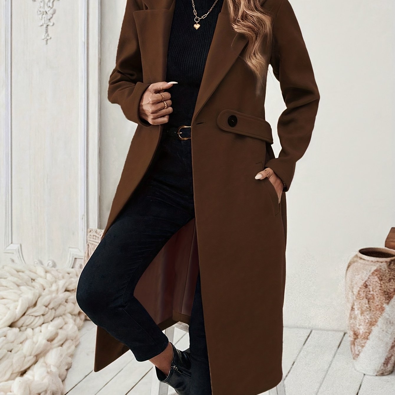 Image of Elegant Dark Brown Suit Collar Coat, -breasted Design, Waist-cinching Silhouette, Perfect For Fall Winter Wardrobe