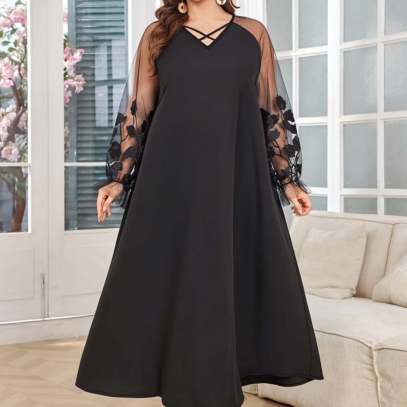 TEMU Plus Size, Plus-size Women's Long-sleeve Mesh-paneled Dress With Transparent Mesh Contrast Detailing, Suitable For Vacation Wear, A Dress For