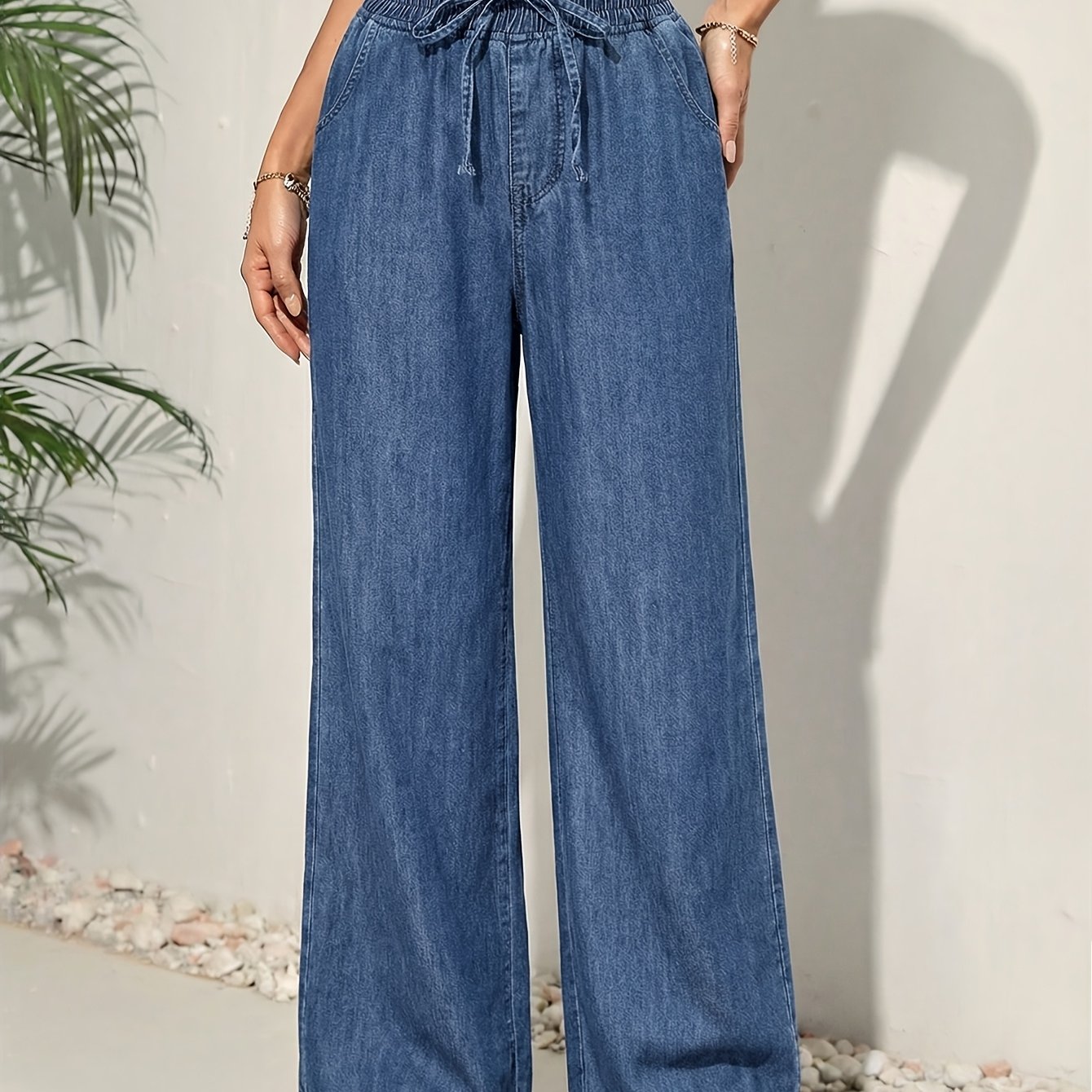 TEMU Solid Color Washed Loose-fit Pleated Denim Pants, Wide-leg Denim Trousers, Women's Denim Pants, And Spring-autumn Clothingdenim