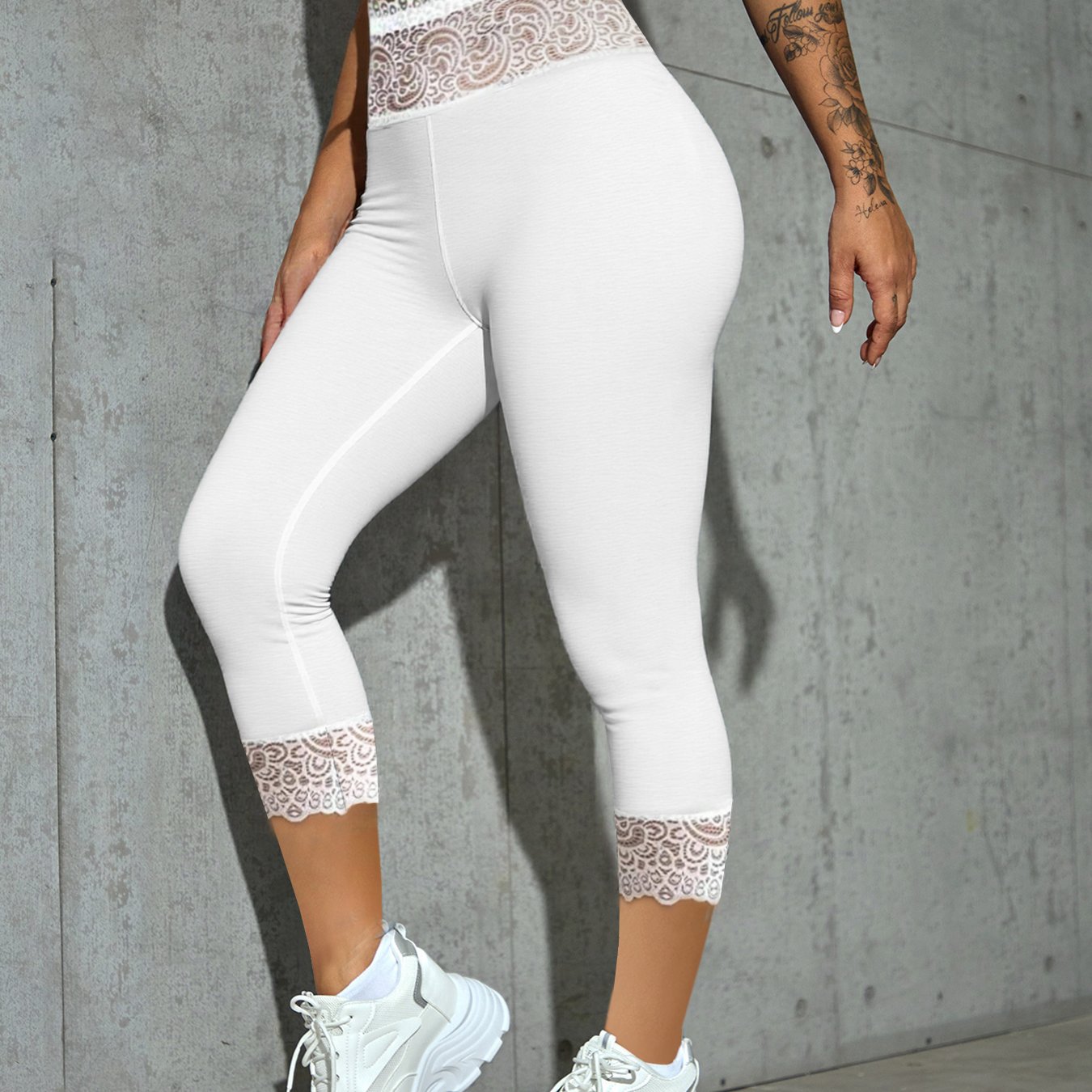 Fashion Casual, Daily , , Temperament Solid Color, Solid Color High-waist Leggings, Comfortable And Elastic, Waistband, Lace Trimmed Hem, Tight Base Layer Capri Pants