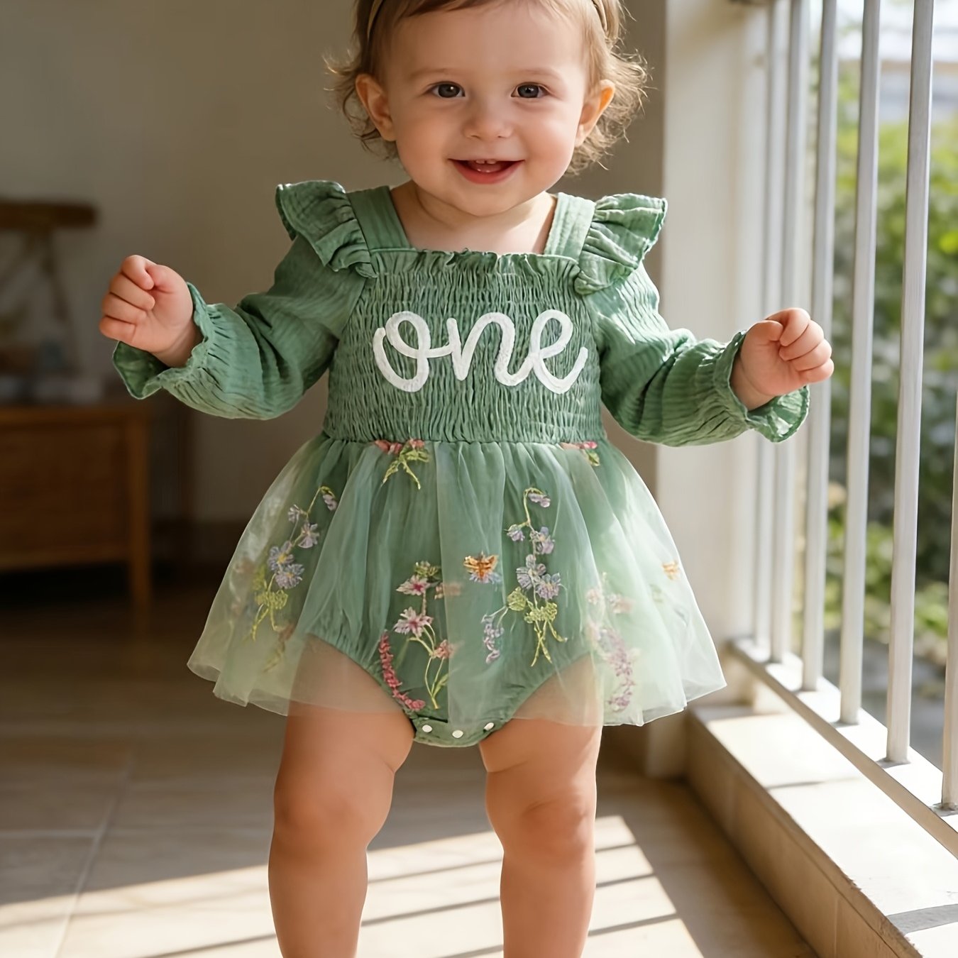 Image of Girls' Elegant Long-sleeved Strapless Ruffle Dress With Tulle Skirt, Towel Embroidered "one", Tulle Embroidery Flowers