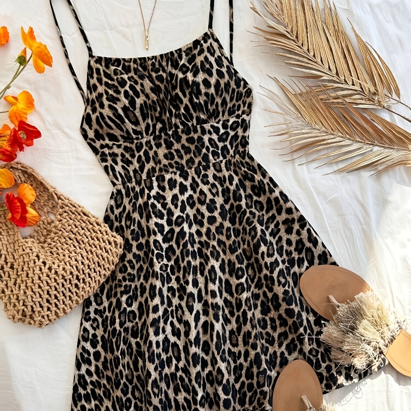 A Stylish Mini Dress With A Leopard Print, Featuring Thin Straps And A Backless Design, Perfect For Parties. Layered For Autumn And Winter, Making It Suitable For Weddings, Dates, Nightclubs