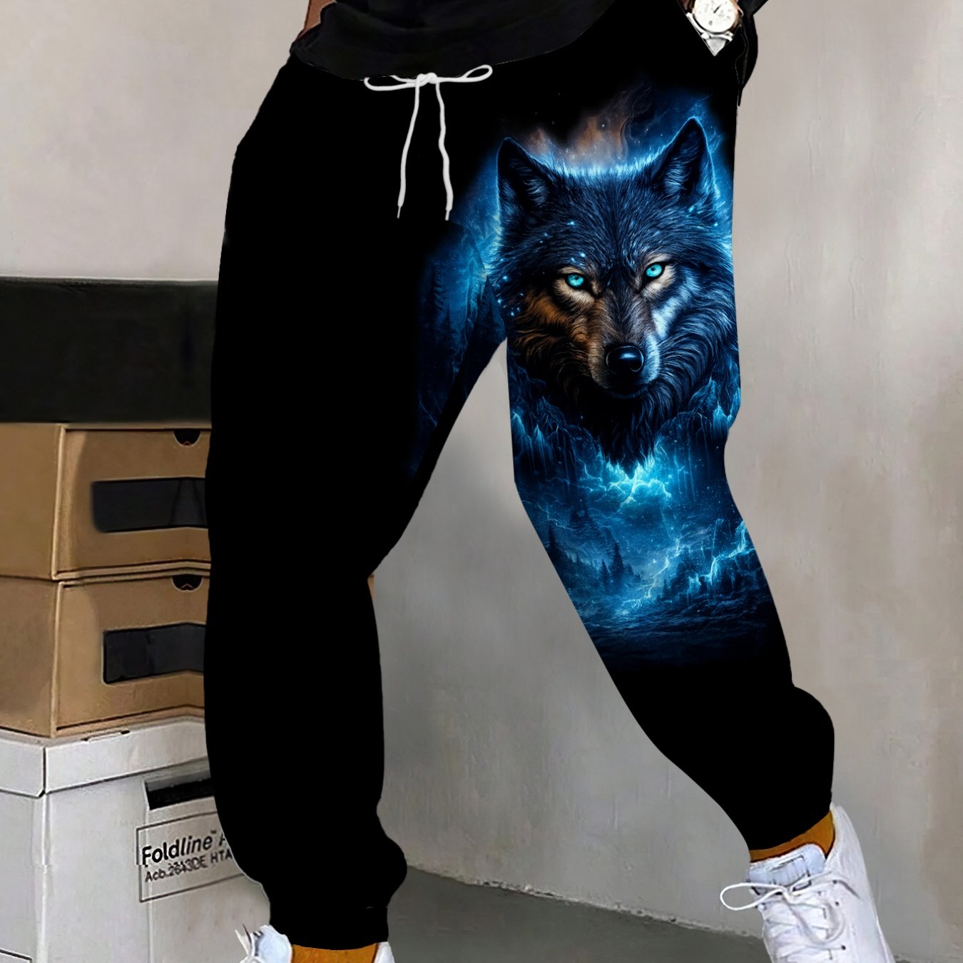 TEMU Men's Wolf Head Print Sweatpants - Loose-fit Straight Joggers With Wolf, Trousers Suitable For Gym, Casual Wear & Everyday Use, Machine Washable